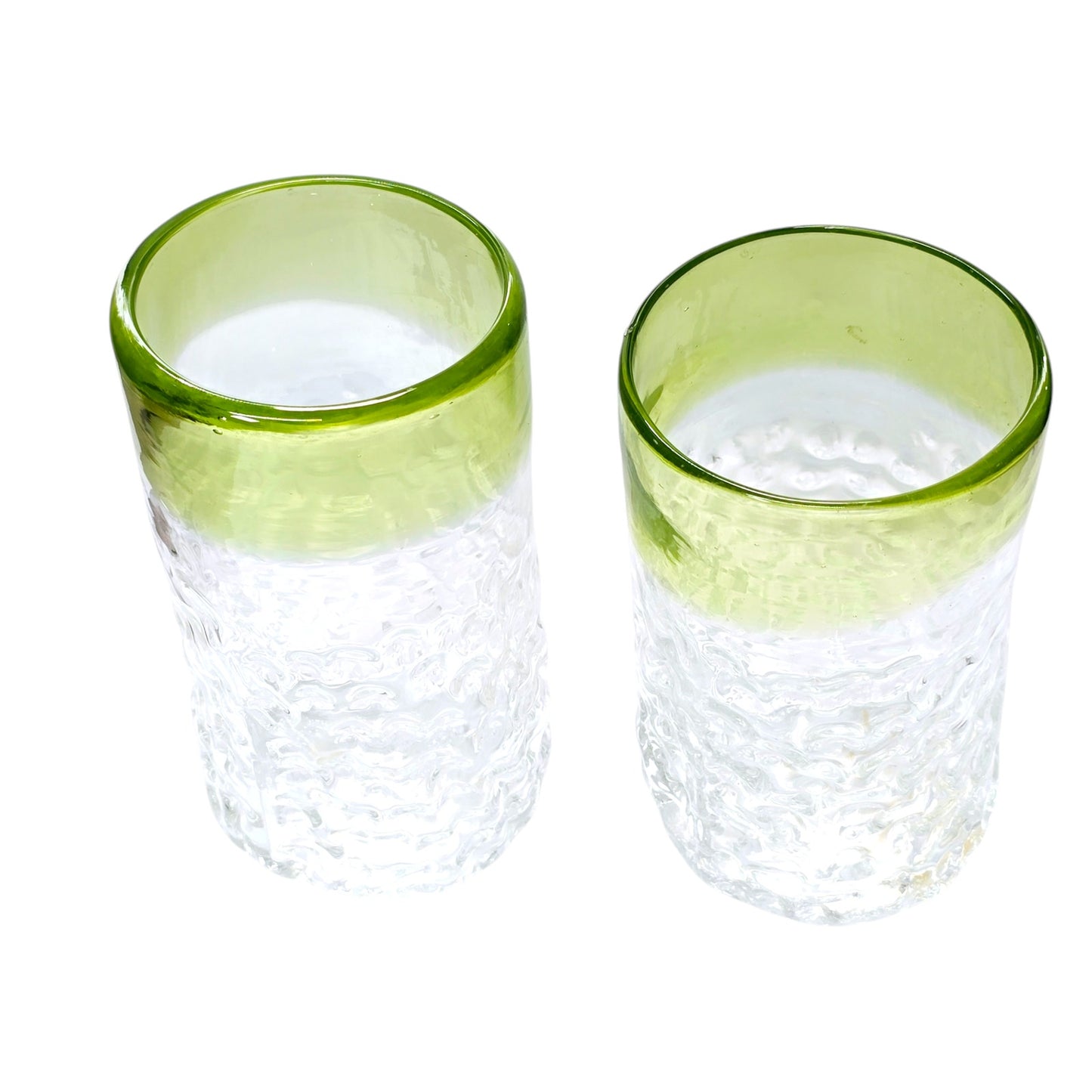 Set of 2 Hand Blown Textured Glassed Tumblers with Green Trim