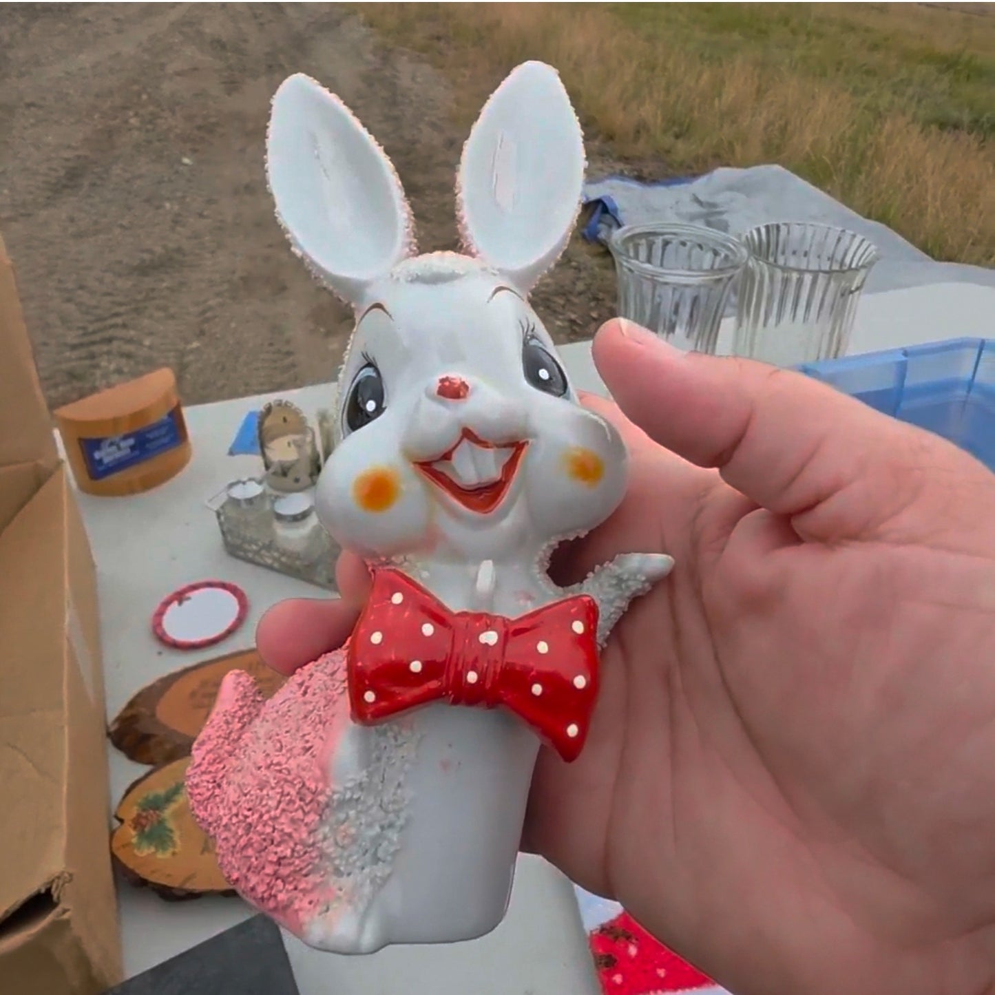AS SEEN ON VIDEO: Vintage Kitschy Arnart Pink Anthropomorphic Bunny with Spaghetti Trim