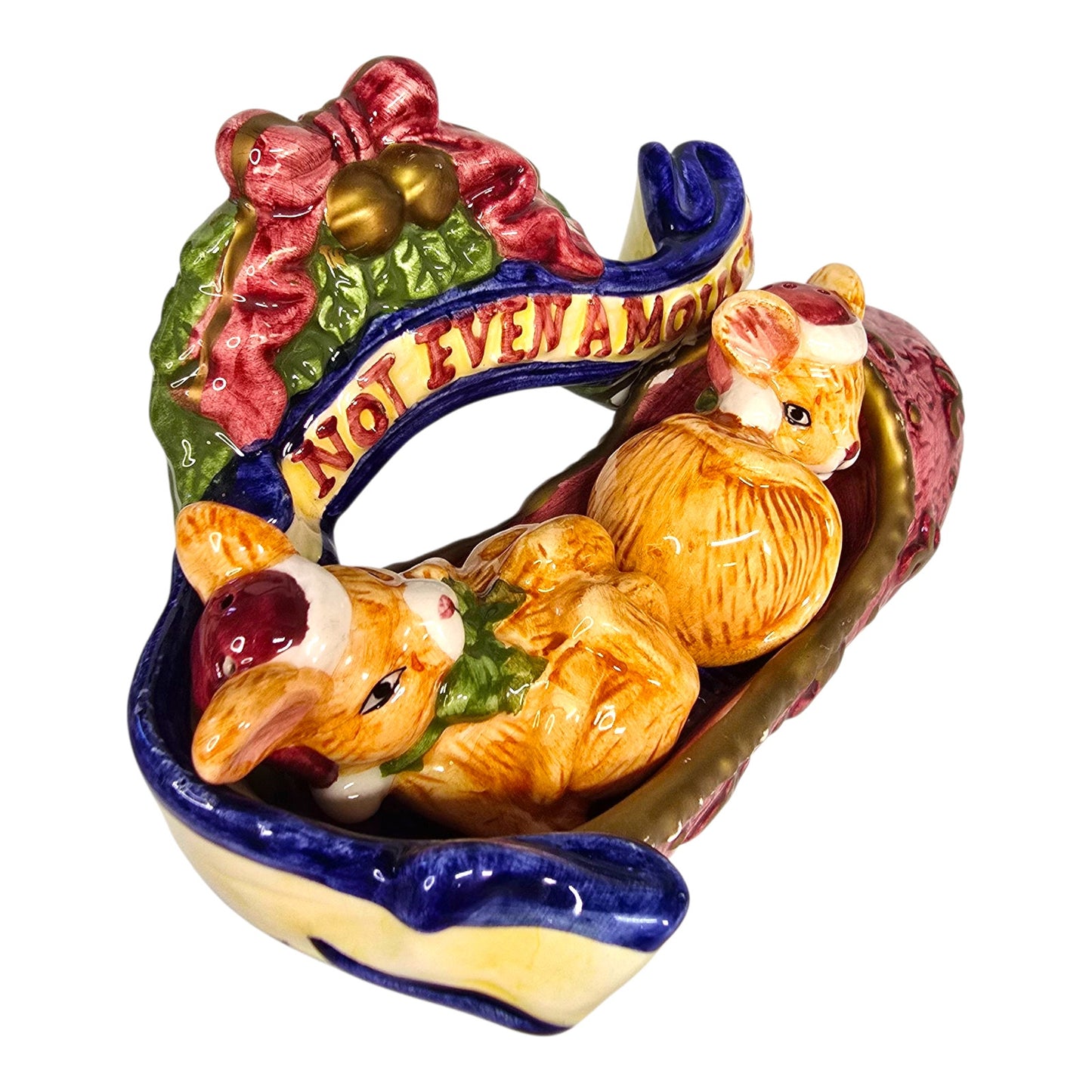 Vtg "Not Even A Mouse" Salt & Pepper in Shoe Hermitage Pottery Holiday Christmas