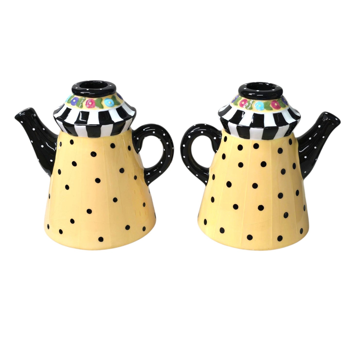 VTG 1998 Mary Engelbreit Yellow & Black Polk-A-Dot Teapot Candle Holders