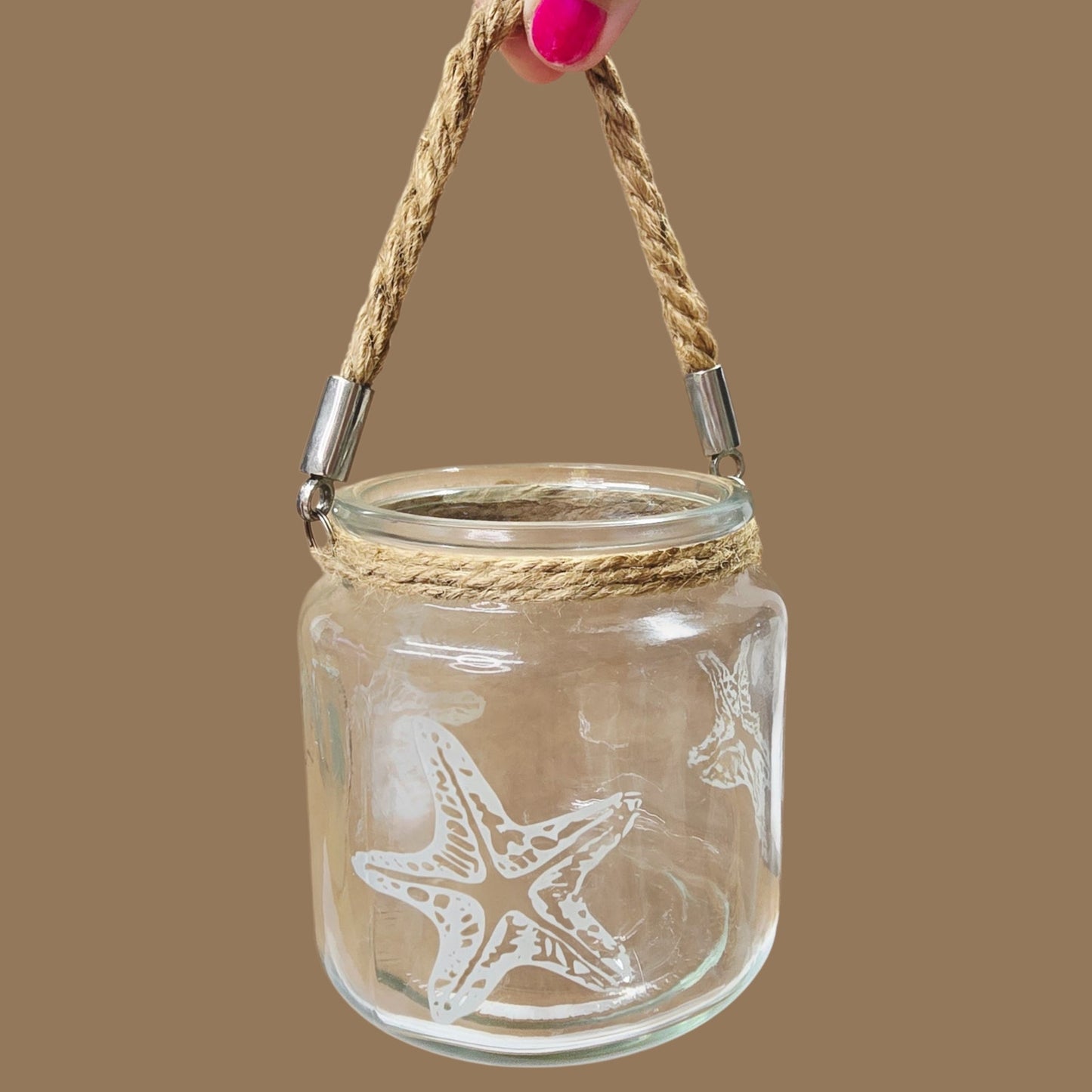 Coastal Hanging Etched Glass Starfish Tealight Candle Holder Nautical Rope Votive Jar