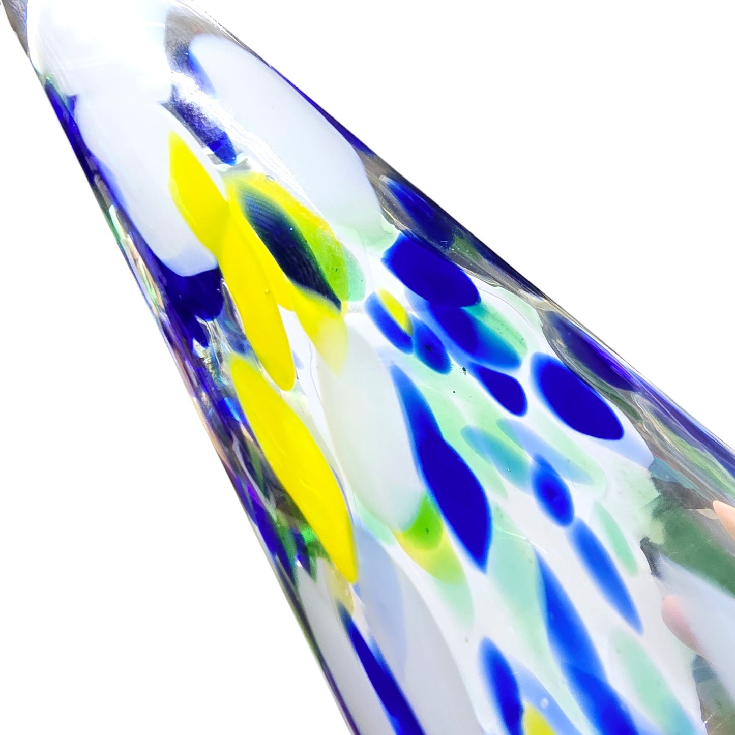 Handblown Art Glass Christmas Tree, Hollow, 8.25", Blue, Yellow, Green Glass