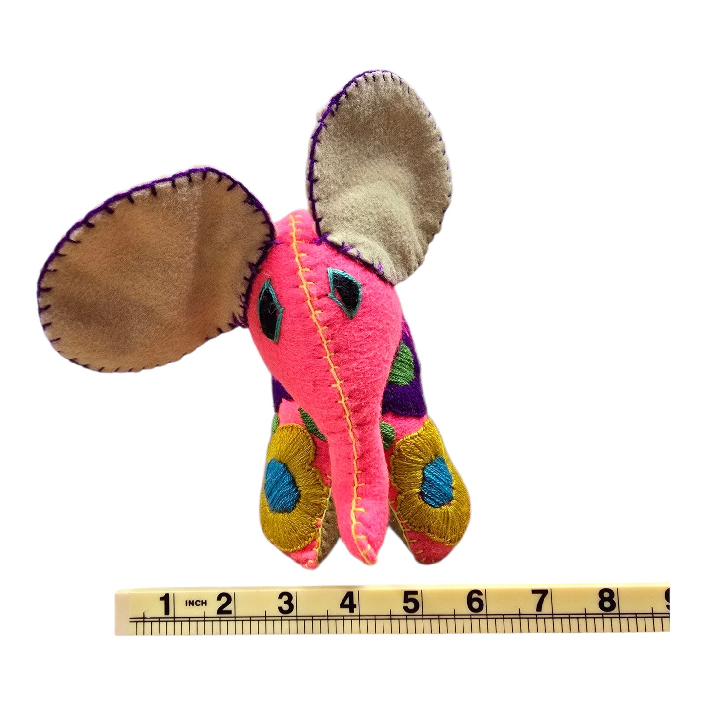 Boho Embroidered Elephant Plush Mexican Folk Art Colorful Otomi Style Decor