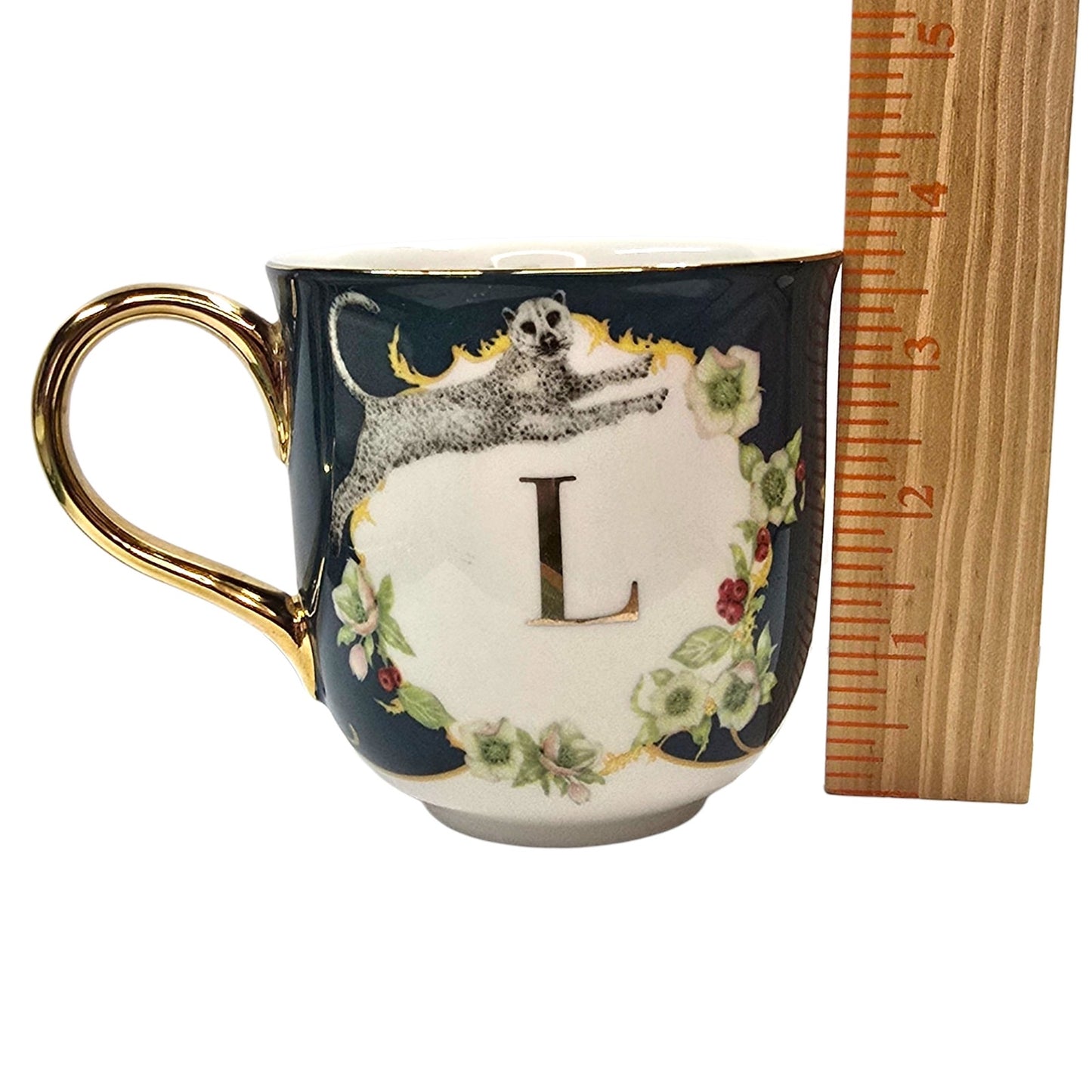 Anthropologie L Mug Monogram Leopard Lou Rota Floral Cup Gold Handle Boho-chic