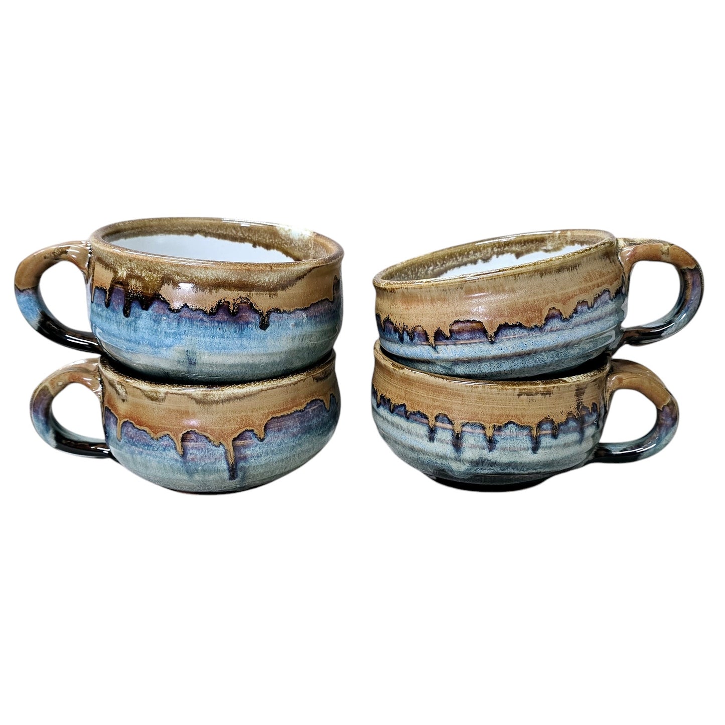 Set of 4 Signed Studio Art Pottery Drip Glaze Stoneware Soup Mug with Handle Coffee / Cappuccino Mug
