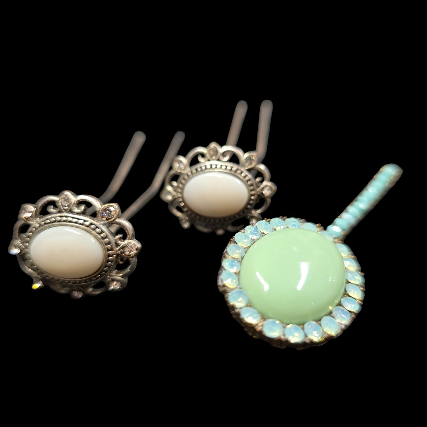 Set of 3 Hair Accessories, 2 Hair Forks, 1 Hair Pin, Bridal Hair, Something Blue, Turquoise and Rhinestones