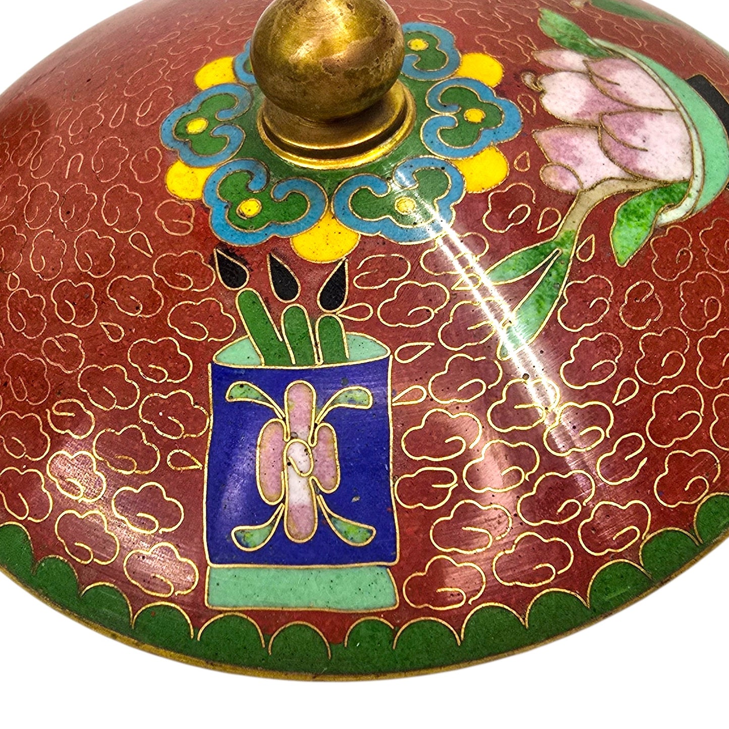 Vtg Chinese Cloisonne Lidded Bowl Red Enamel Lotus Floral Brass Vanity Dish