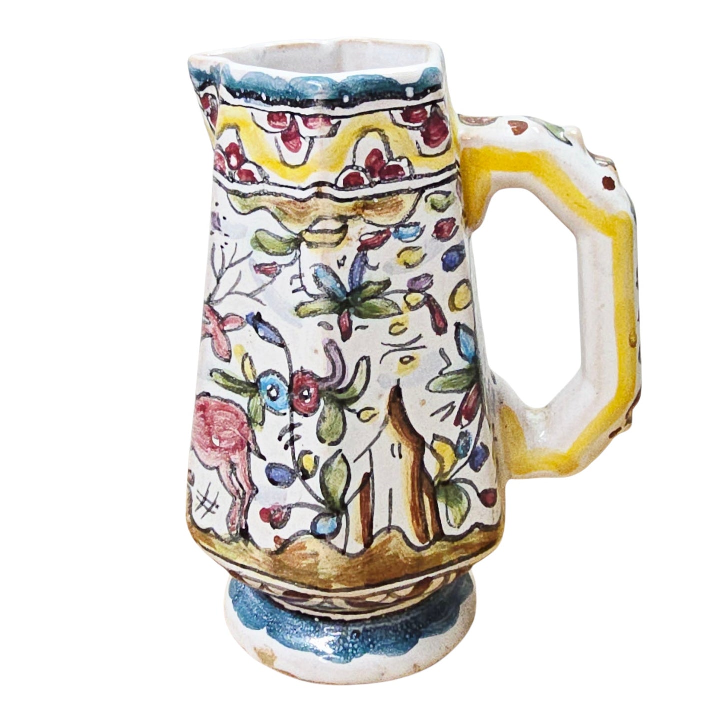Gerardos Portugal Hand Painted Majolica Creamer Pitcher Deer Rabbit Floral 4.25"