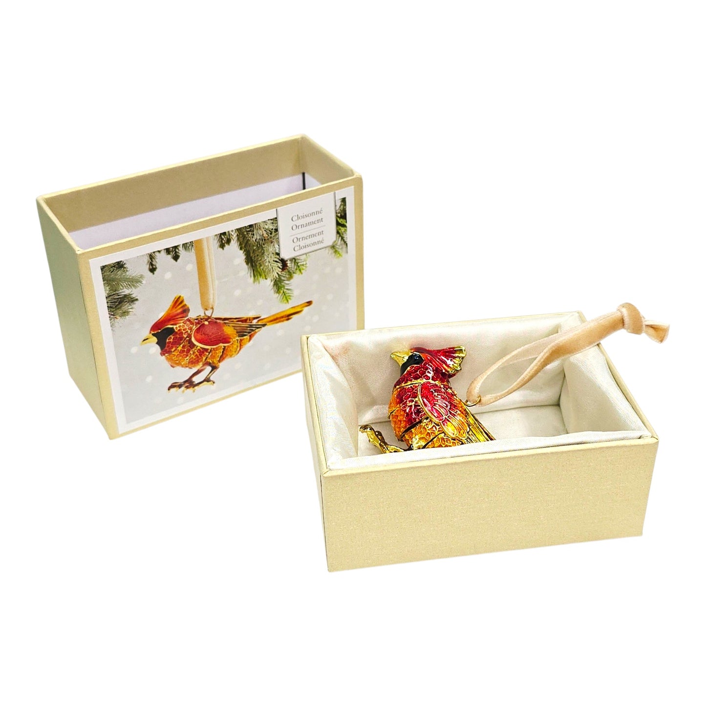 Vtg Pier 1 Cloisonné Cardinal Bird Ornament Red Gold Enamel Holiday Boxed