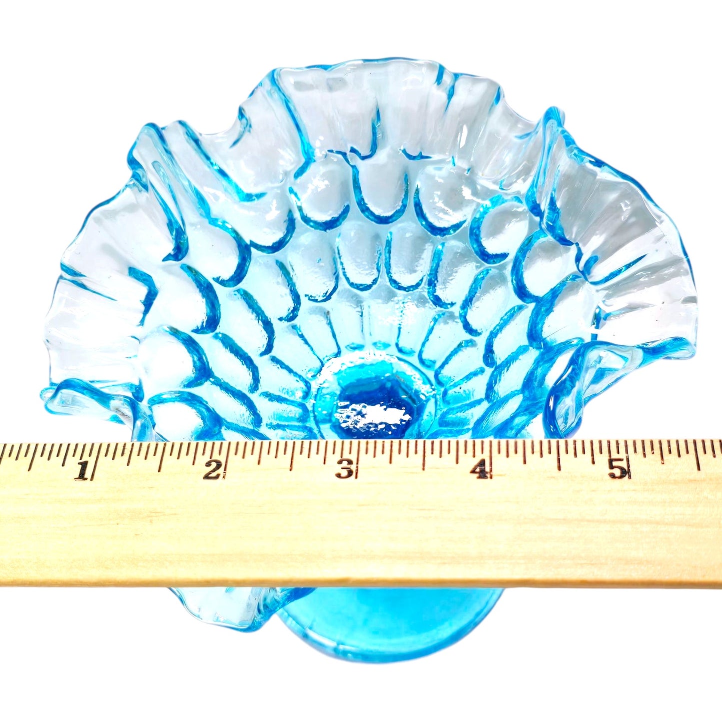 AS IS Fenton Blue Ruffled Pedestal Compote Coin Dot Candy Dish Glows Manganese