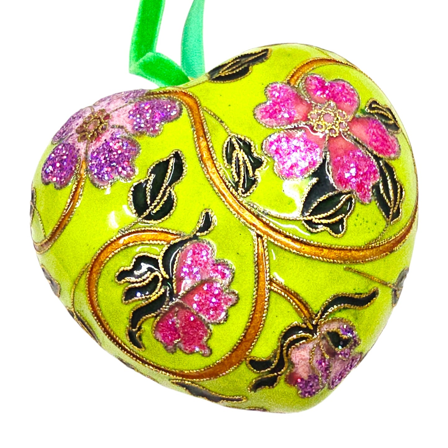 Cloisonne Puffy Heart Hanging Decor Ornament Green with Red Purple Flowers