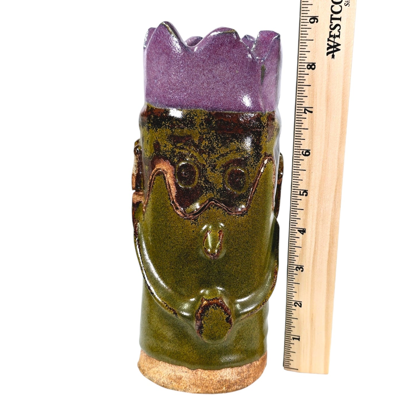 Studio Art 2 pc Heavy Pottery Odd Figure with Purple Crown, Removeable Lid and Votive Holder, 8.75" H