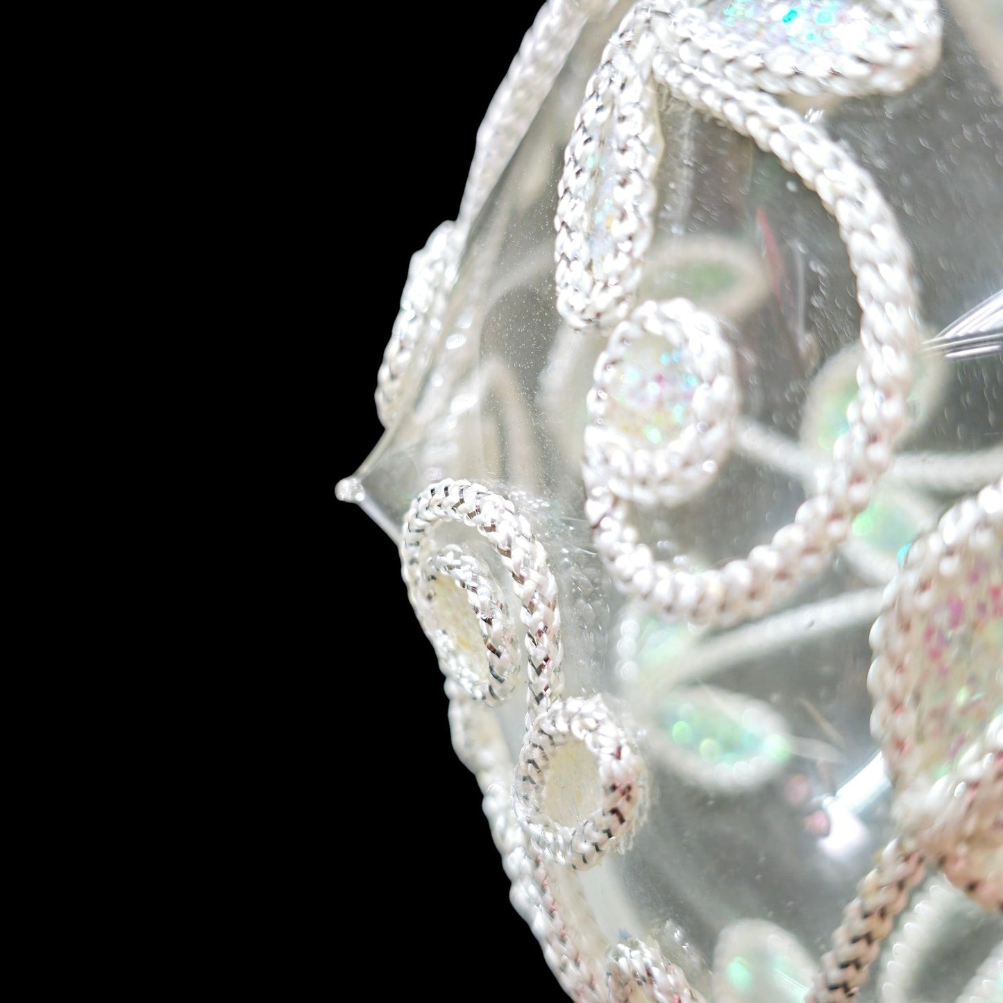 Glass Embellished Ornament, White Iridescent Floral Trim