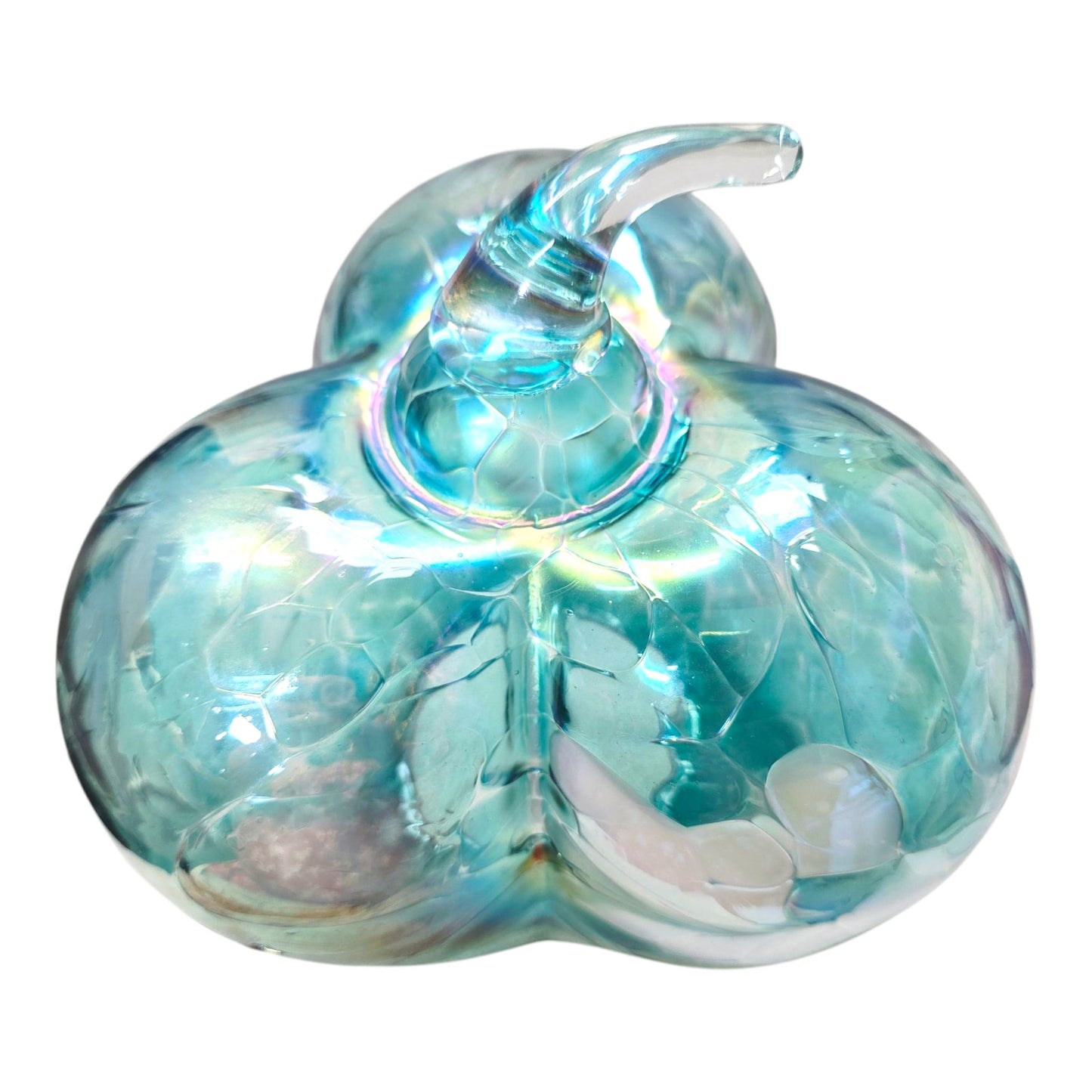 Hand Blown Art Glass Pumpkin Iridescent Blue Green White Swirl, Huta Rogi?
