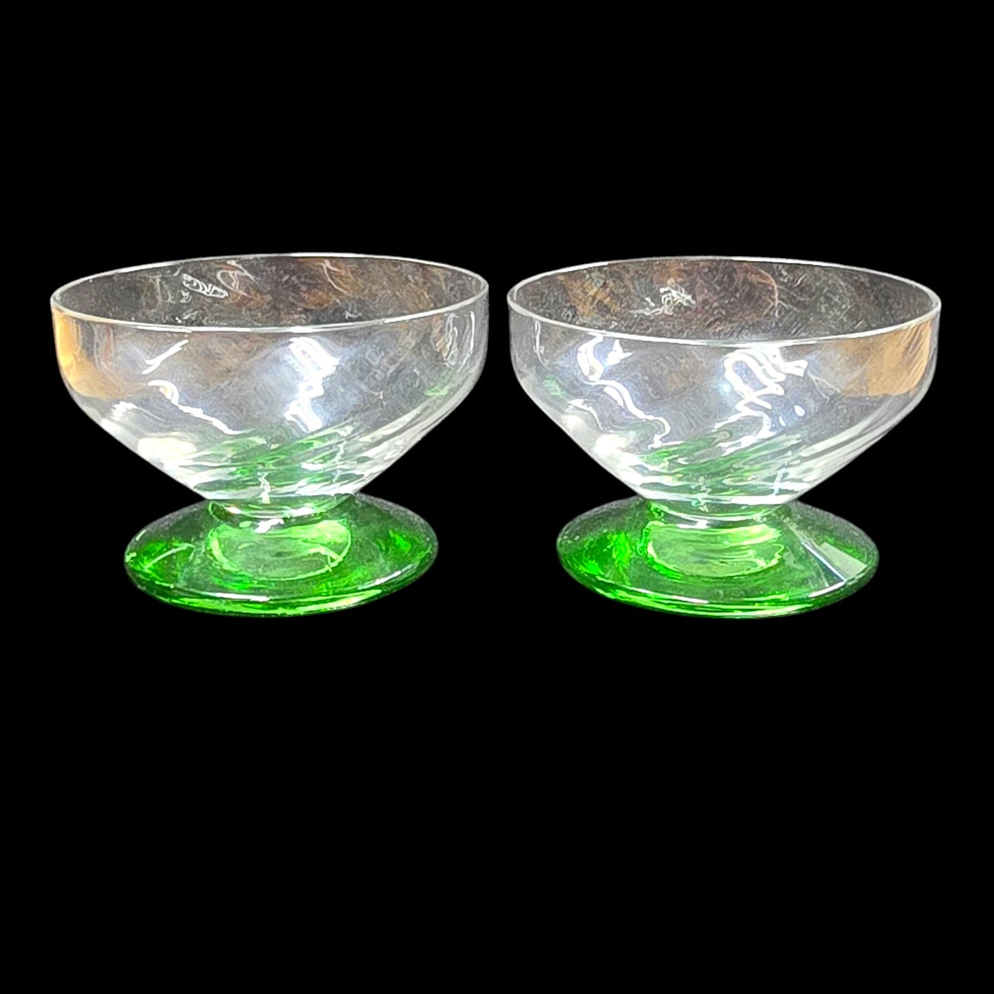 Vtg Uranium Glass Open Salts, 1.5" H, Optic Green Glass Pedestal Mini Glass Cups