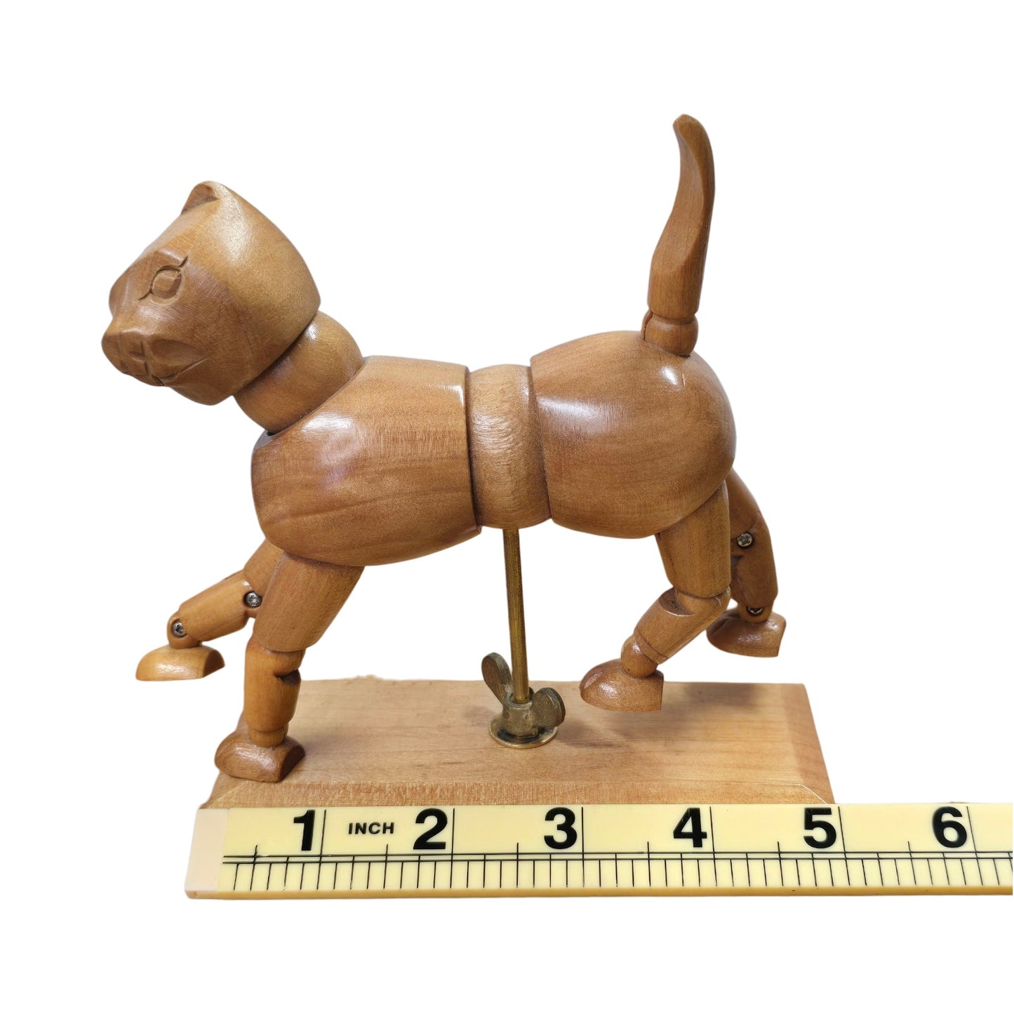 Vintage Articulated Wooden Cat Model Artist Mannequin Figurine Poseable on Stand