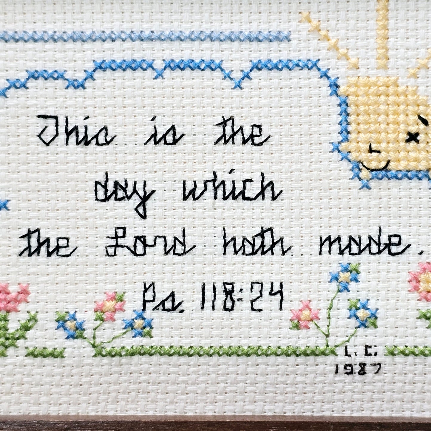 Vtg Framed Cross-Stich Embroidery in Wooden Frame with Bible Verse Ps 118:24