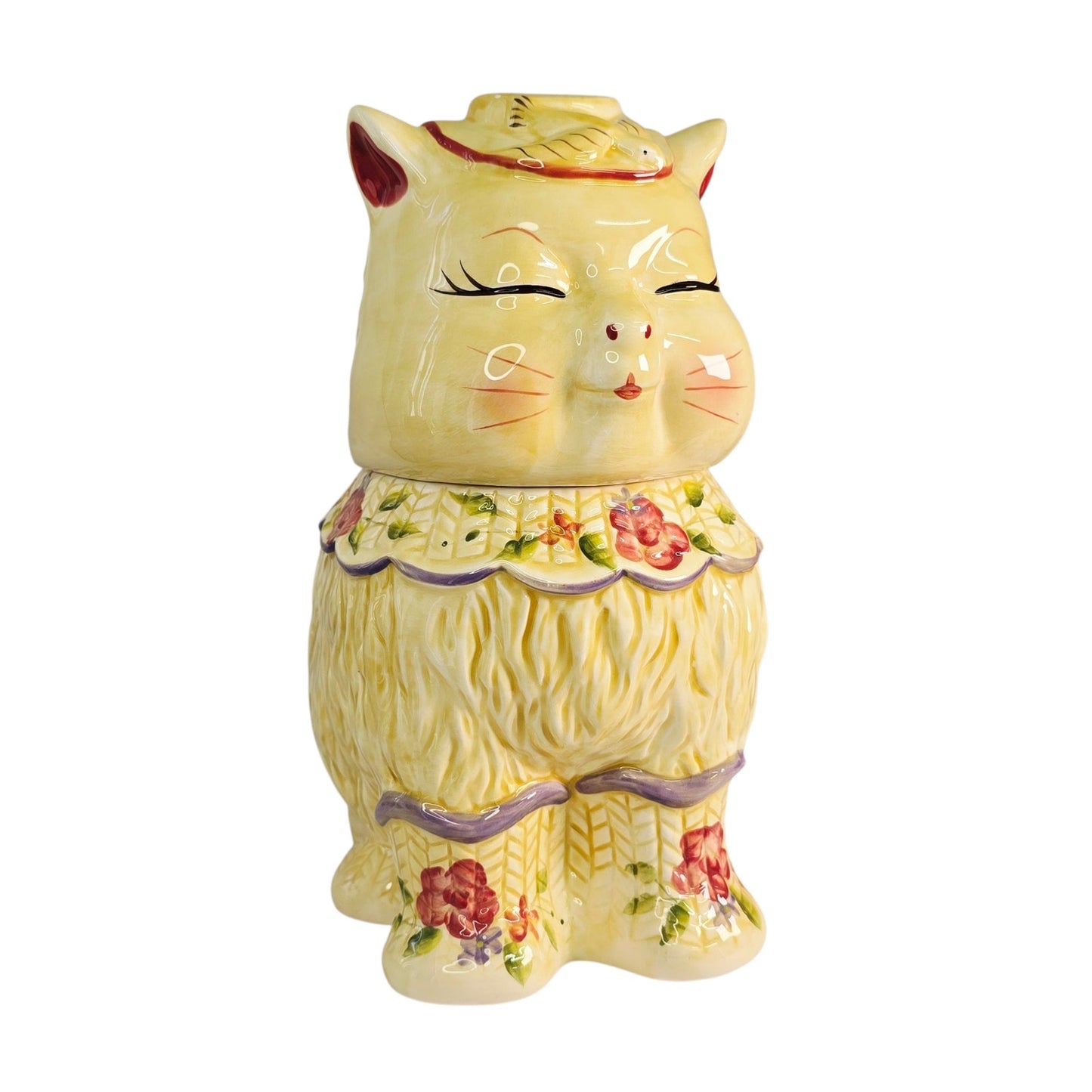 Block Puss 'n Boots Ceramic Cat Cookie Jar Floral Adorable Cat