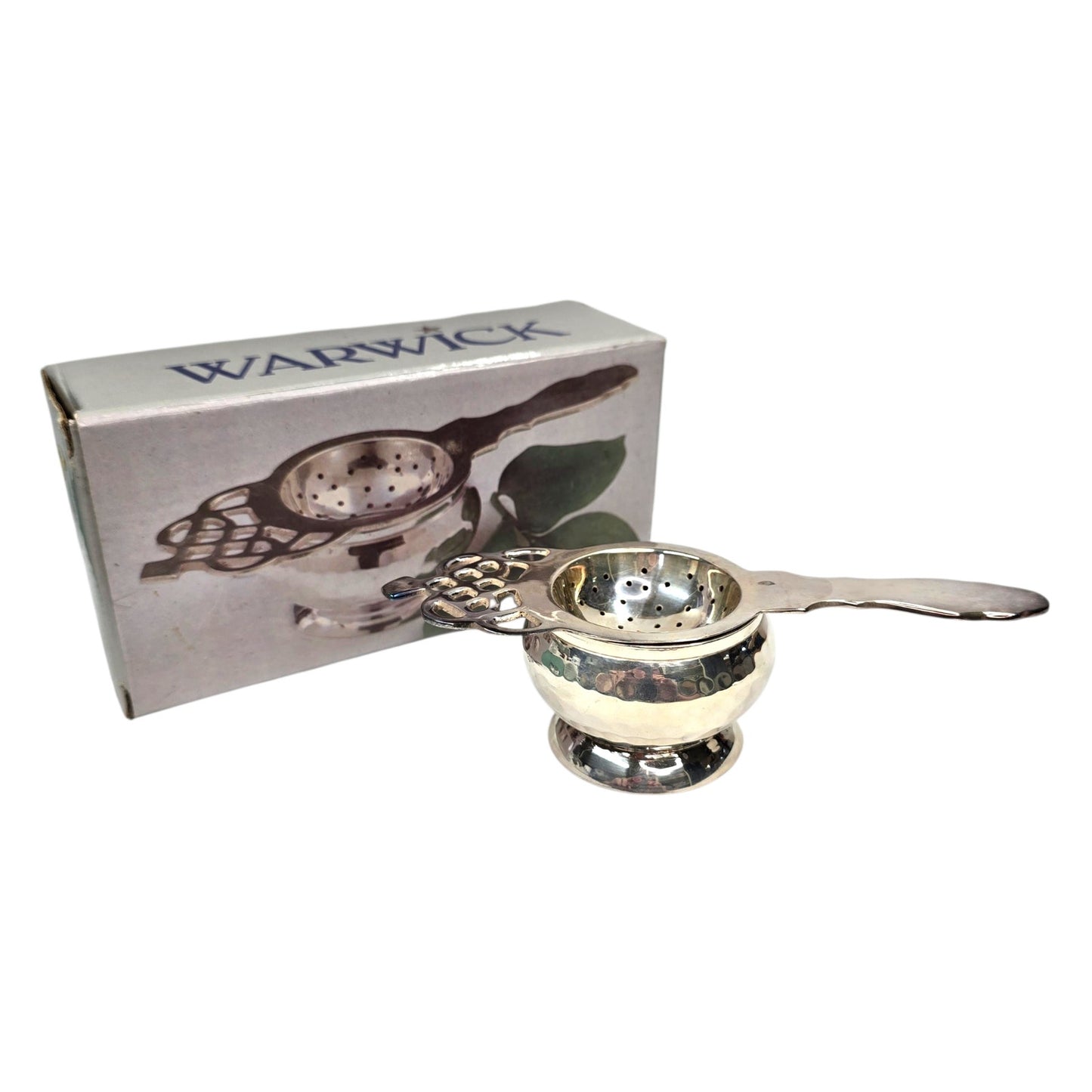Vtg Warwick Tea Strainer with Bowl Hammered Silver Plated Item No 7094