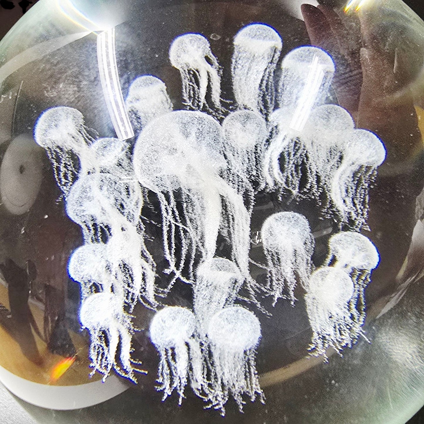 Vintage Art Glass Sphere on Glass Stand Tiny Jellyfish Paperweight Handblown