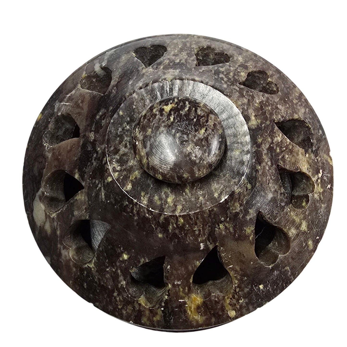 Carved Soapstone Lidded Incense Burner with Hearts Cutouts, Made in India