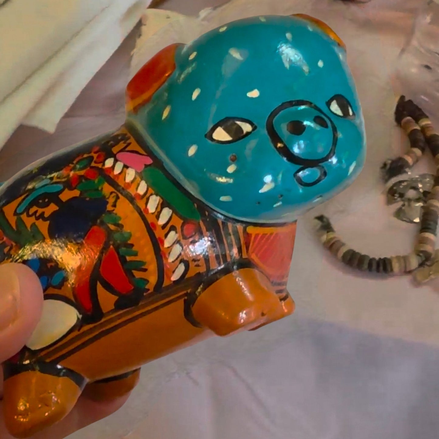 AS SEEN ON VIDEO: Vintage Mexican Folk Art Piggy Bank - Hand-Painted Red Clay Animal Figure