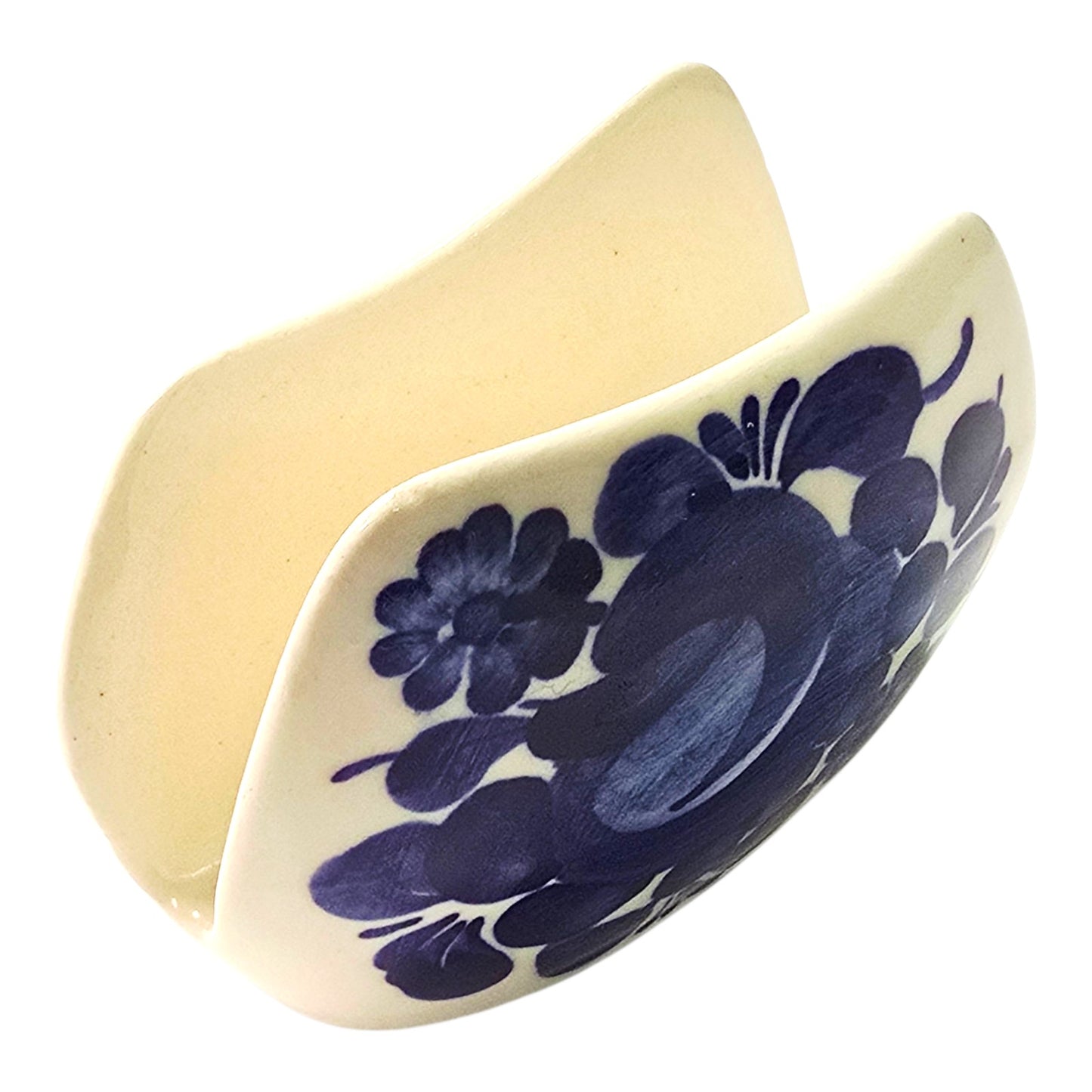 Vintage Polish Pottery Napkin Holder Letter Holder Blue Floral Design Marked