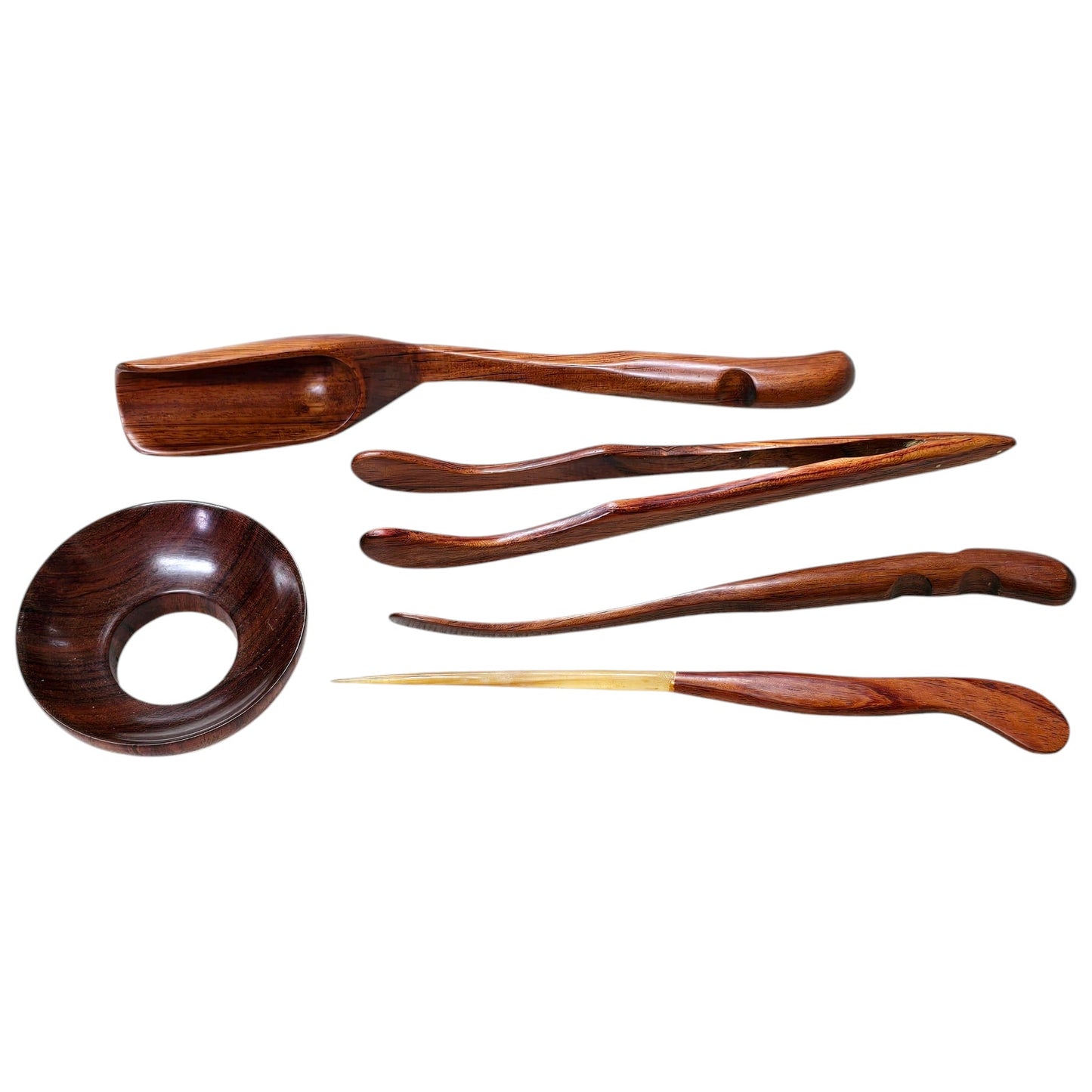 Gongfu Tea Wooden Tea Utensil Set with Brass and Copper Inlay