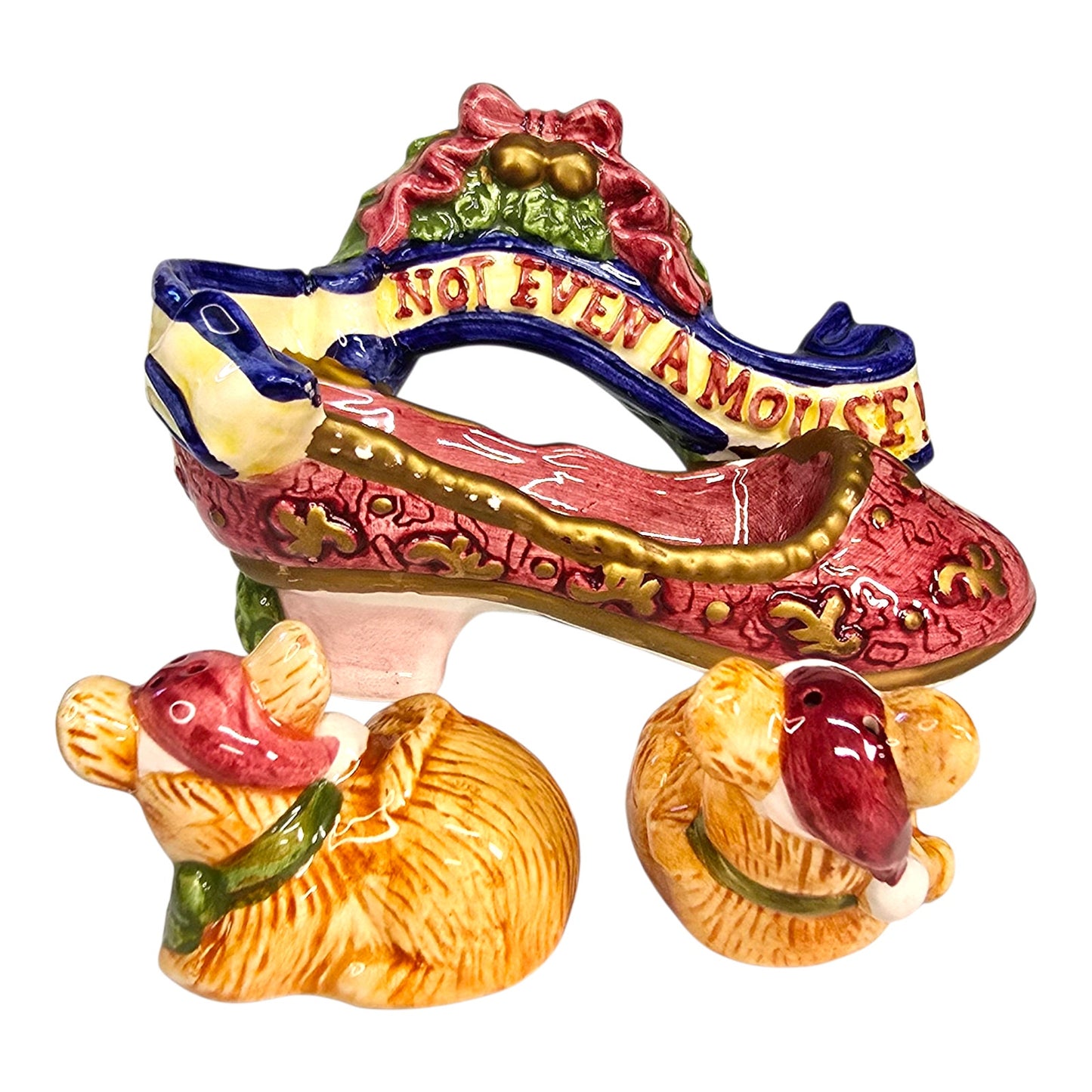Vtg "Not Even A Mouse" Salt & Pepper in Shoe Hermitage Pottery Holiday Christmas