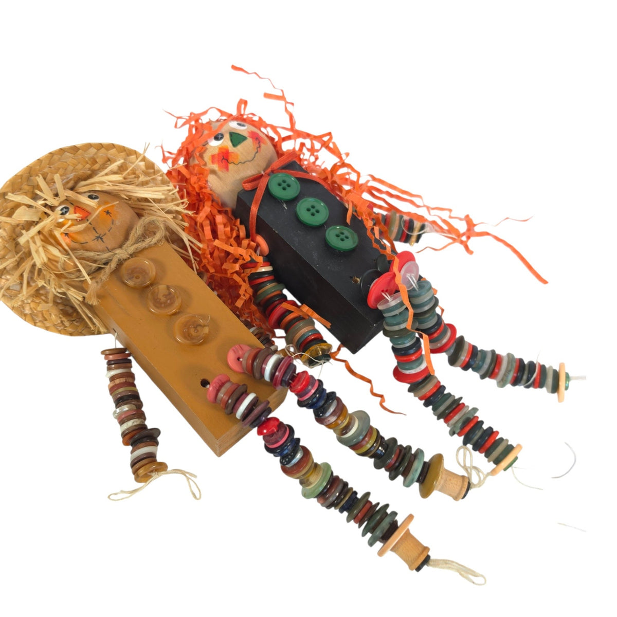 Handmade Folk Art Scarecrow Dolls Shelf Sitters Button Limbs Pair Fall Decor