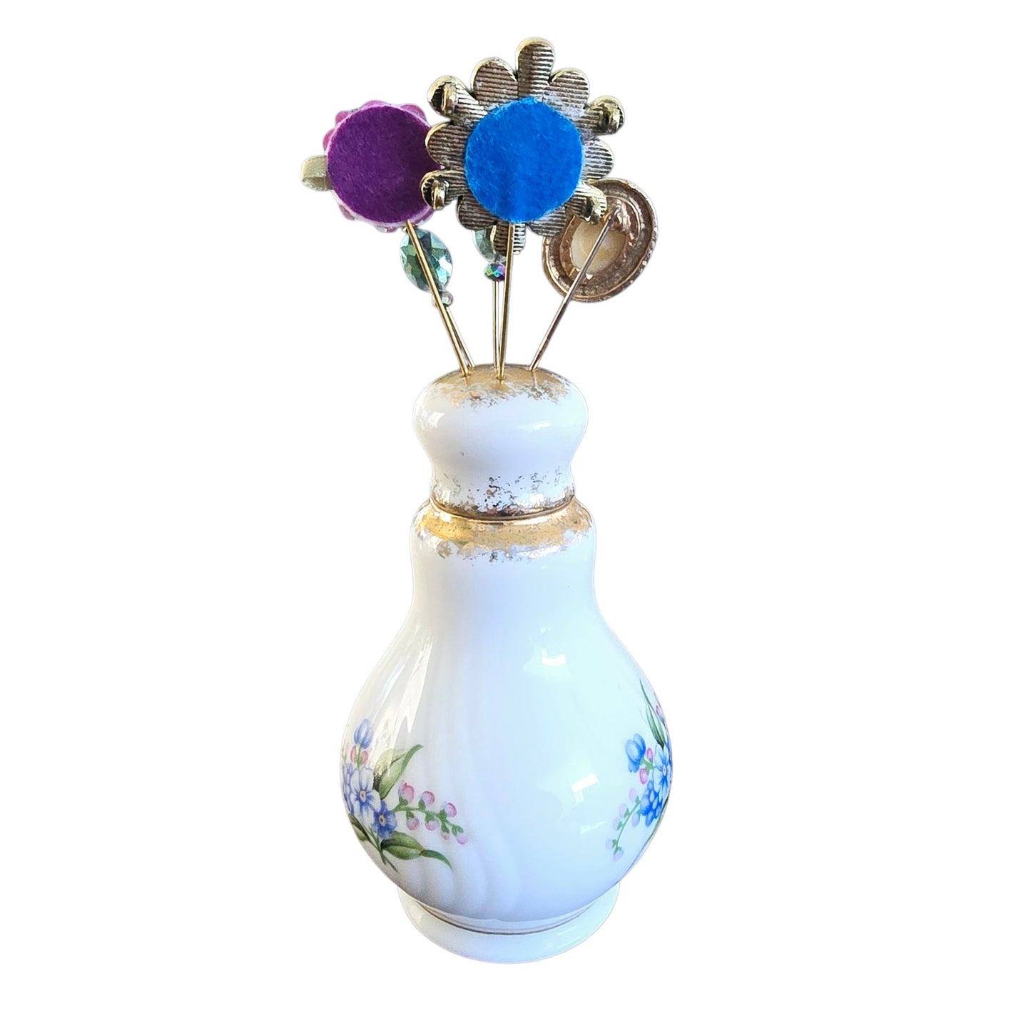 Vintage Shafford Forget Me Not Salt Shaker Hat Pin Display