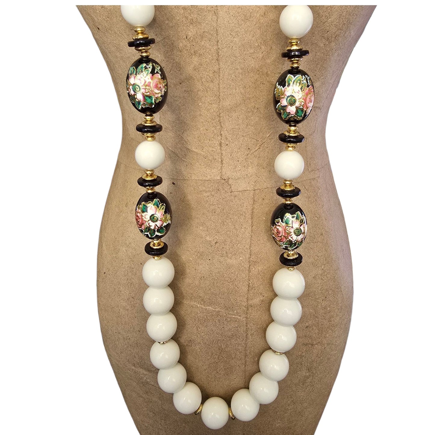 * Vtg Floral Strand Necklace Handpainted over Applied Bead Gold Tone Accents 28"
