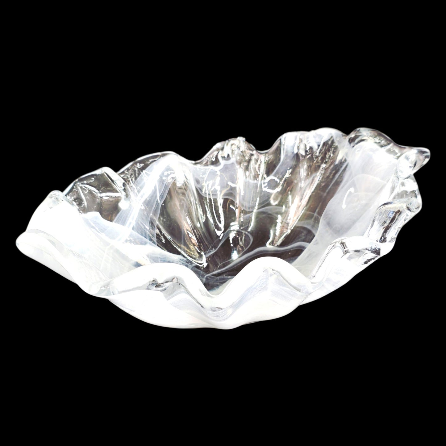 Art Glass Clam Shell Bowl White Clear Swirl Pattern Decorative Shell Glass Bowl