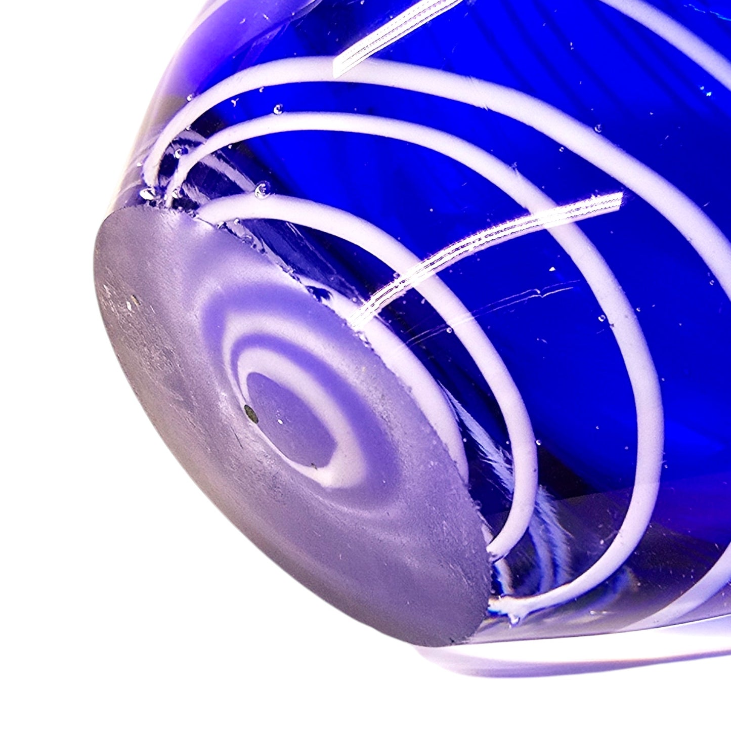 Hand Blown Art Glass Heart Shaped Vase with Blue White Stripes