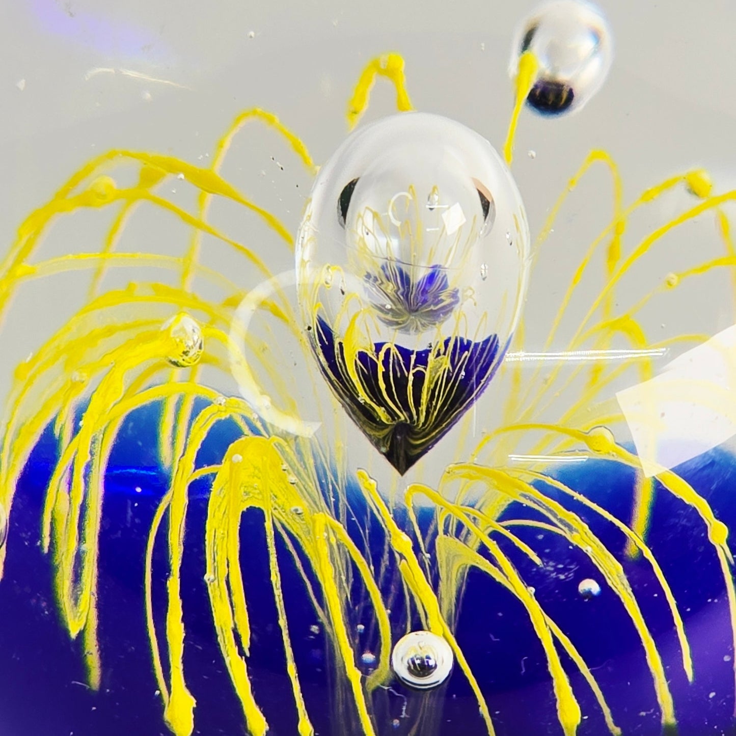 Art Glass Paperweight Cobalt Blue Yellow Firework Design