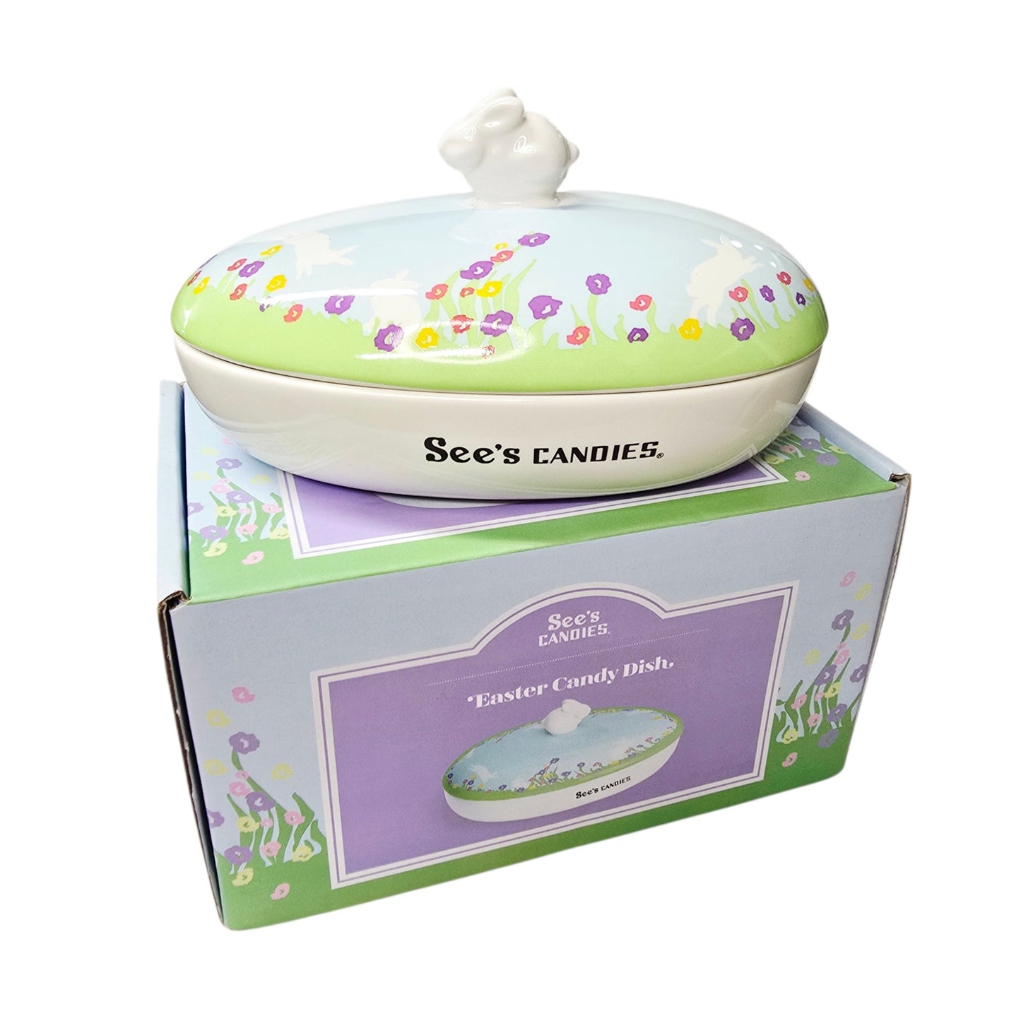 NIB See's Candies Easter Candy Dish Ceramic Lidded Bunny Knob Lid 7.5" Floral