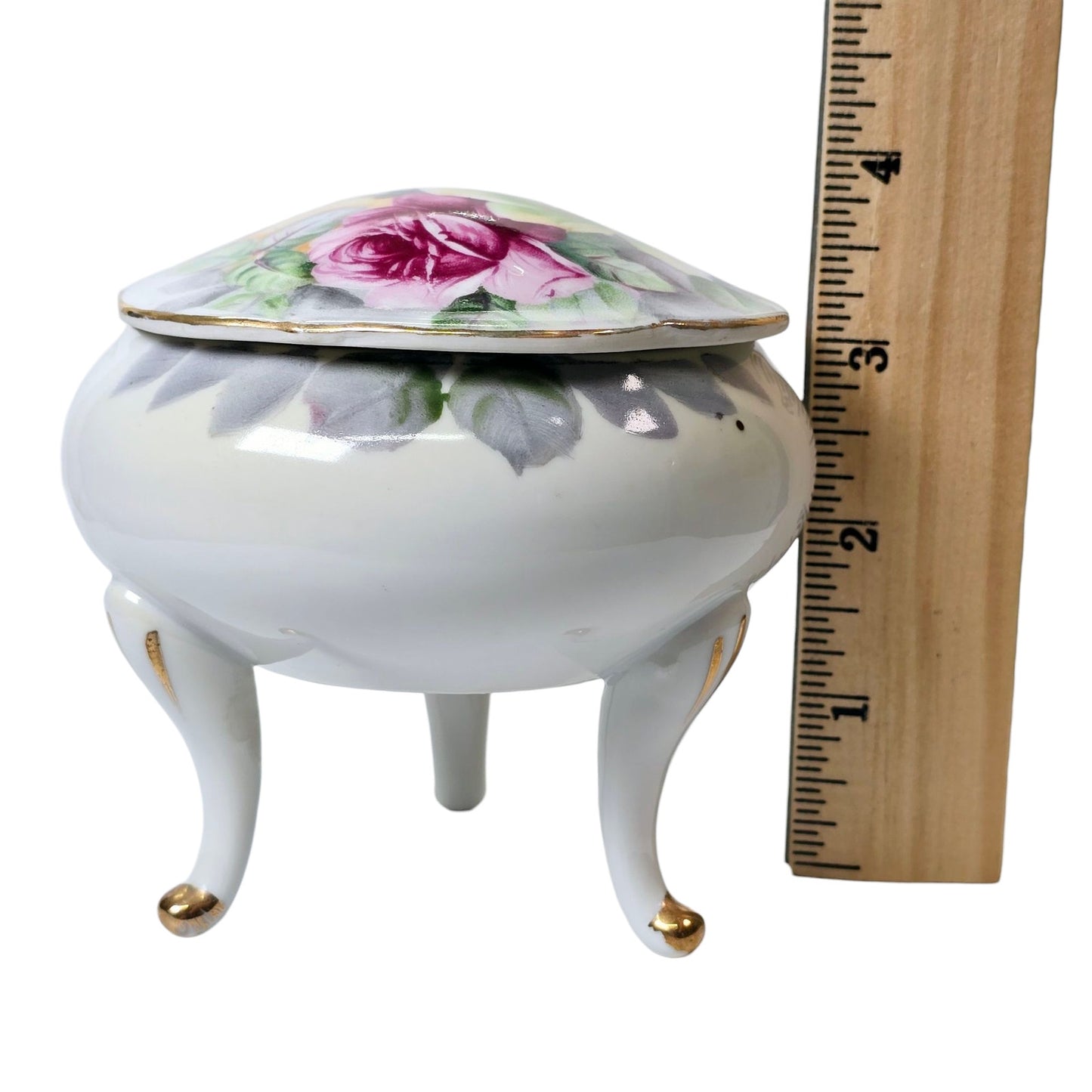 Vtg Long-Footed Trinket Box Original Arnart Creation Japan, Gold Trim Lidded Box