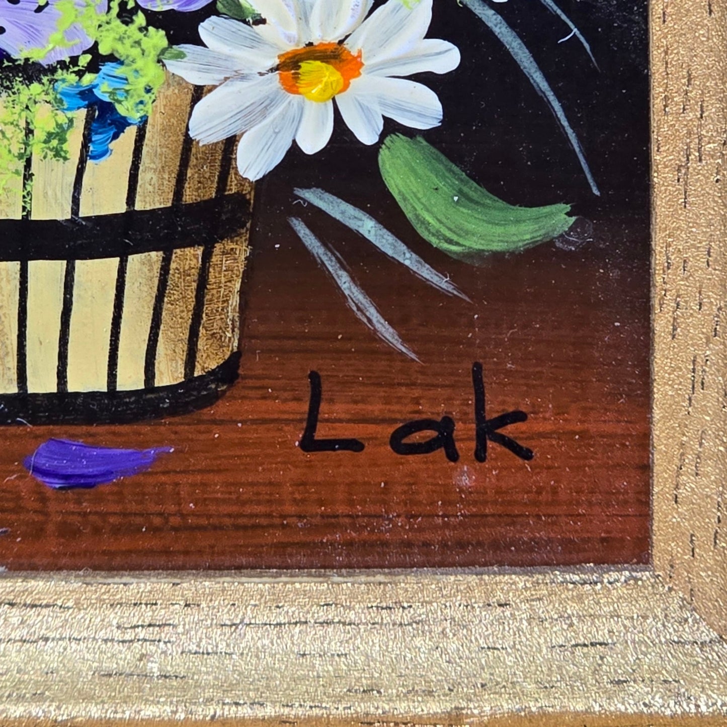 Vtg Miniature Floral Still Life Painting by Lak Gold Wood Frame Daisy & Violets