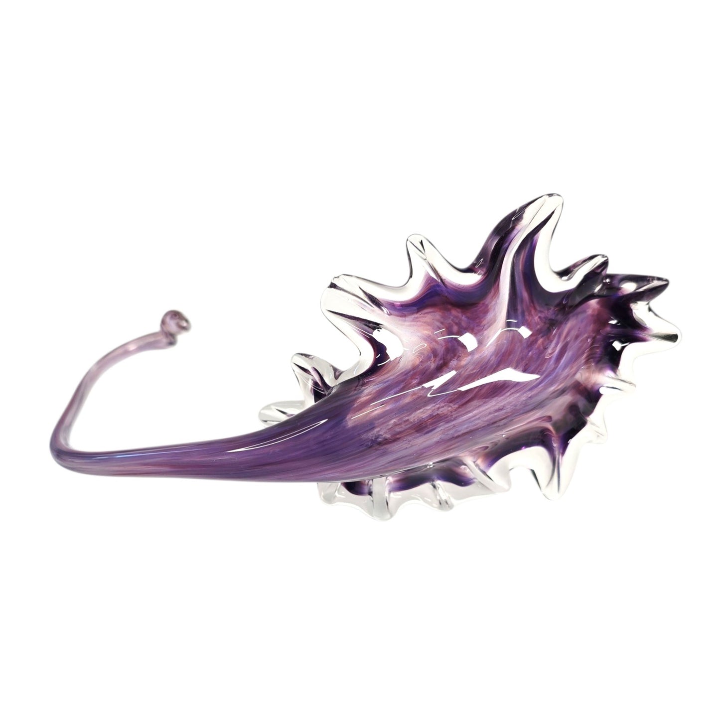 Hand-Blown Purple Trumpet Art Glass Flower Curved Up Stem, Blowing Leaf