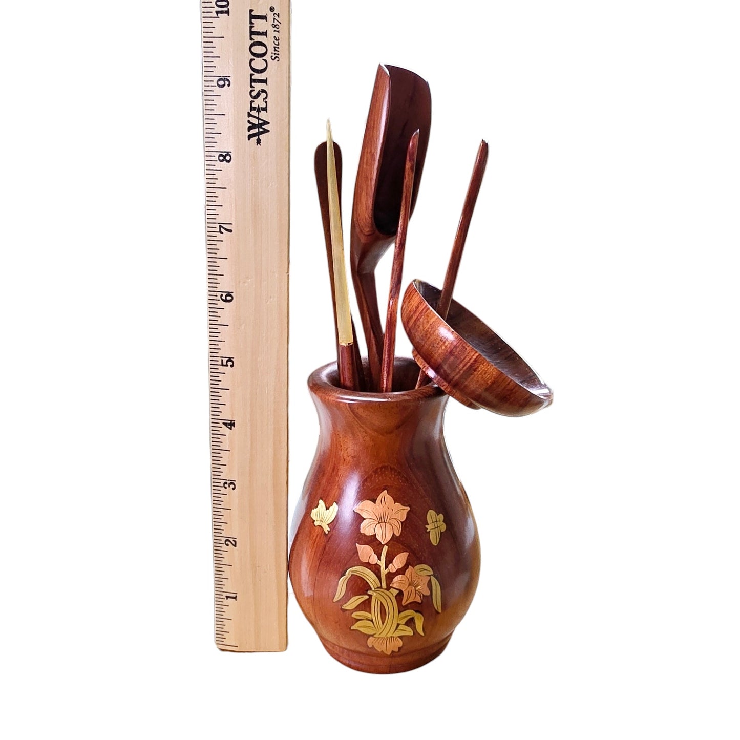 Gongfu Tea Wooden Tea Utensil Set with Brass and Copper Inlay