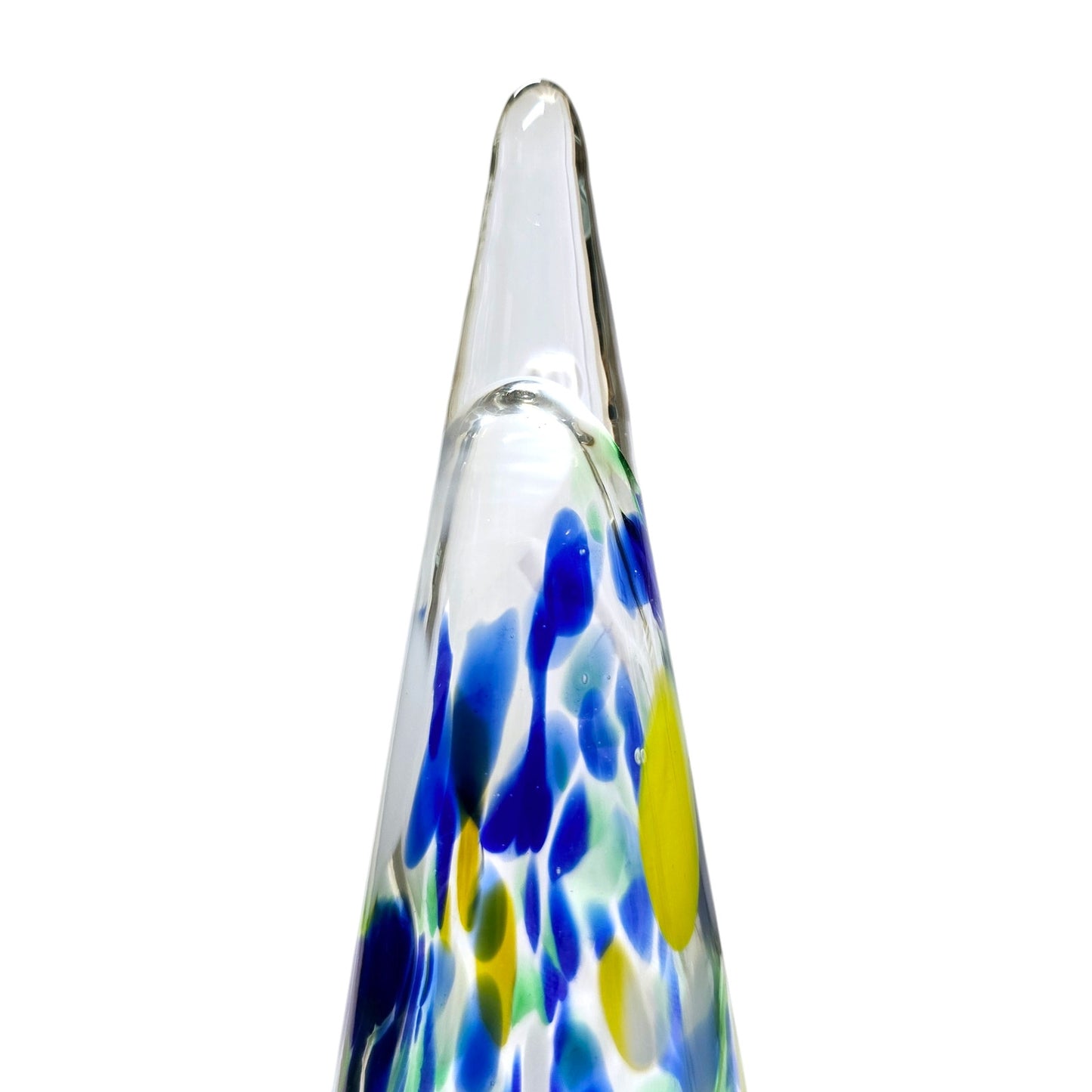Handblown Art Glass Christmas Tree, Hollow, 8.25", Blue, Yellow, Green Glass