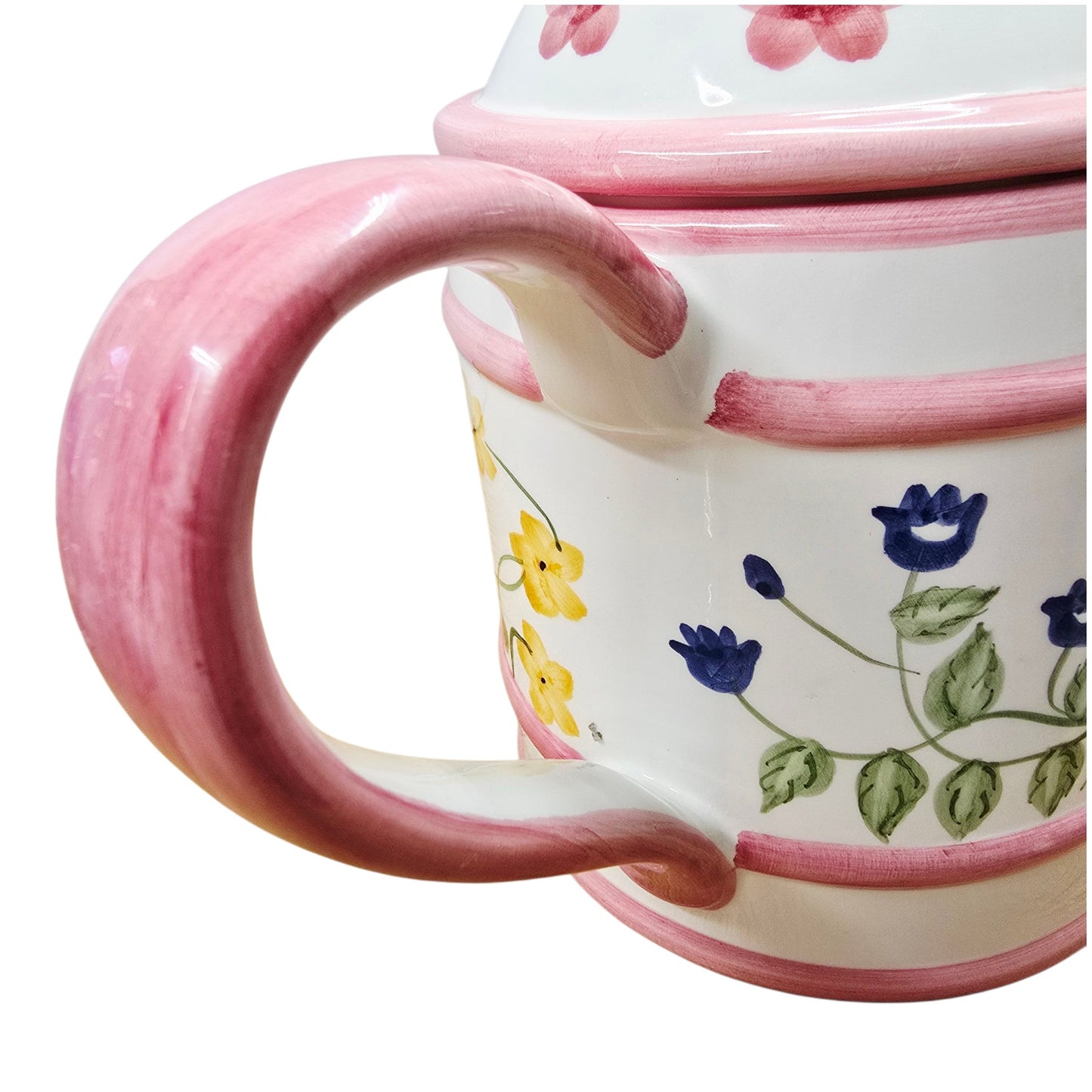 Vtg Lillian Vernon Floral Watering Can Teapot Pink Trim Ceramic Hand Painted Lid