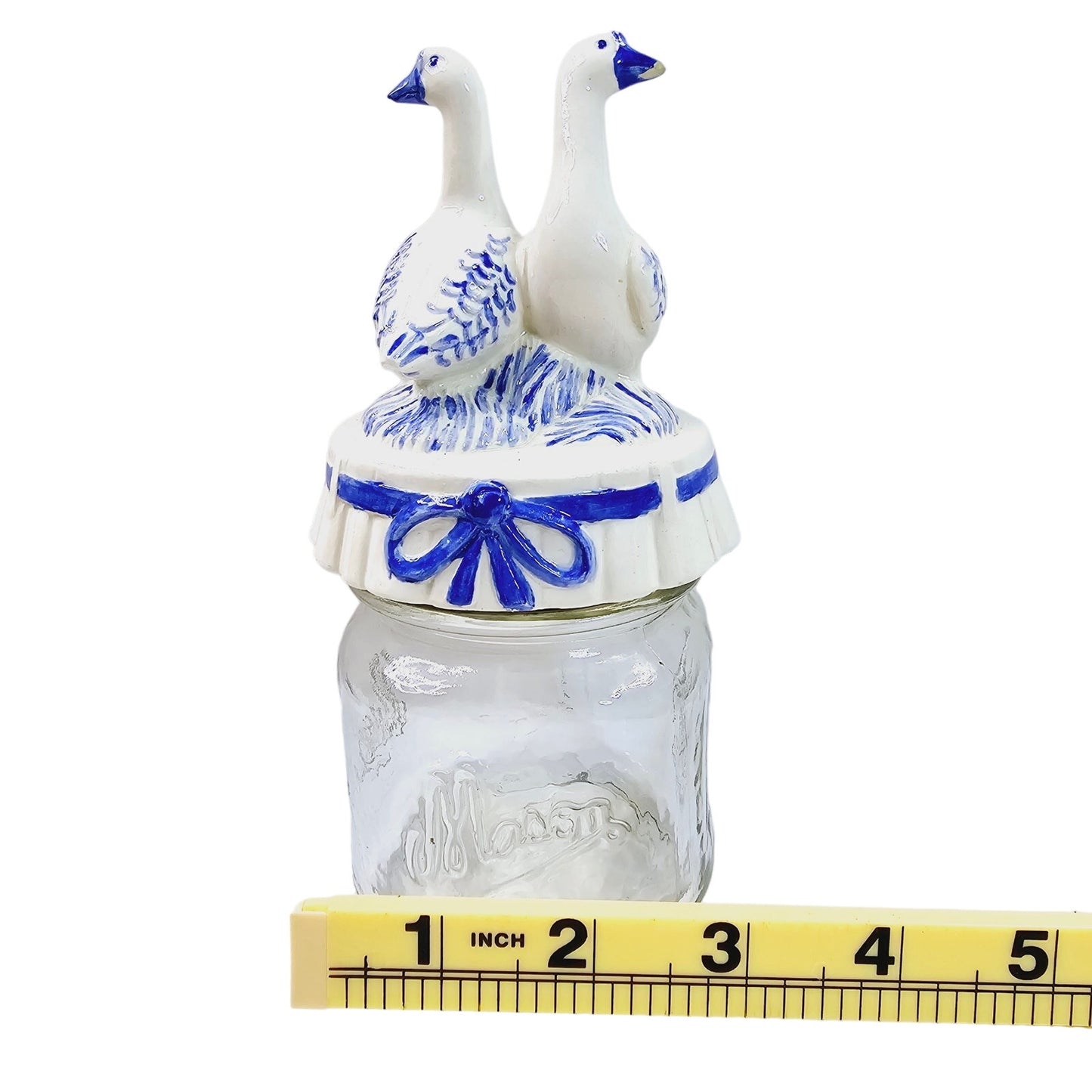 Vintage Geese Lid Mason Jar, 1 Cup, Blue and White Ceramic Top Country Farm Chic