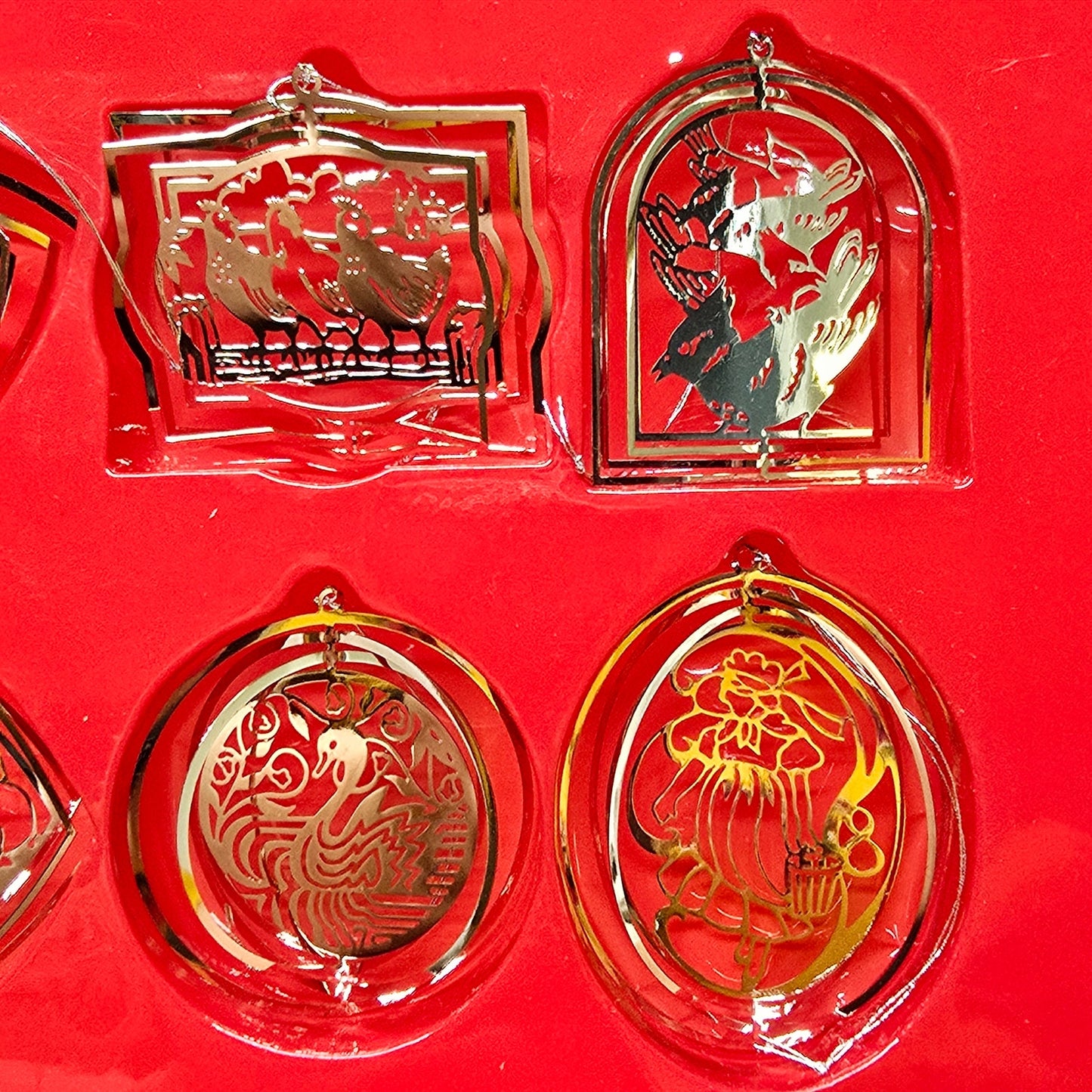Vintage 12 Days of Christmas Silverplated Cut-Out Ornaments in Original Box