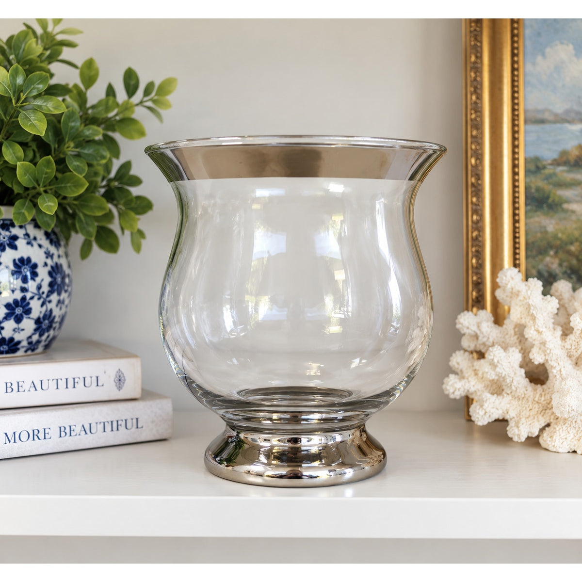 Vintage Crate & Barrel Minuet Glass Hurricane Candle Holder Silver Rim Italy