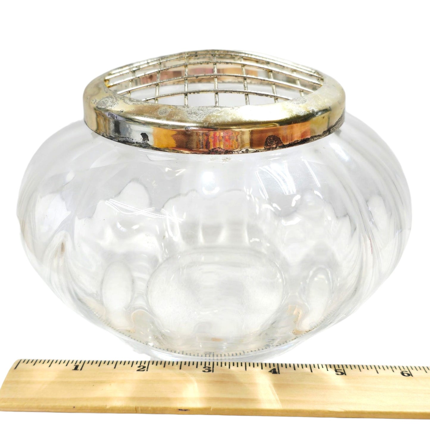 Vintage Pressed Glass Flower Frog Bowl, Rib Optic Pattern with Metal Grid Insert