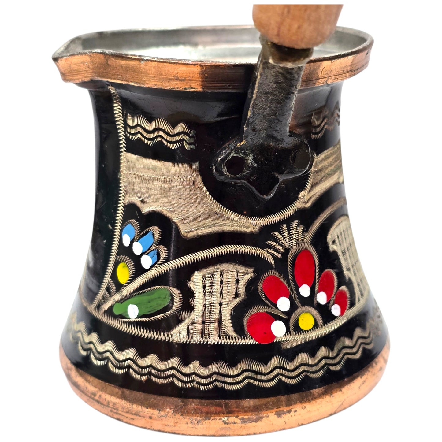 Vintage Hand Painted Copper Turkish Coffee Pot 6oz Enamel Floral Folk Art Cezve w/ Wood Handle