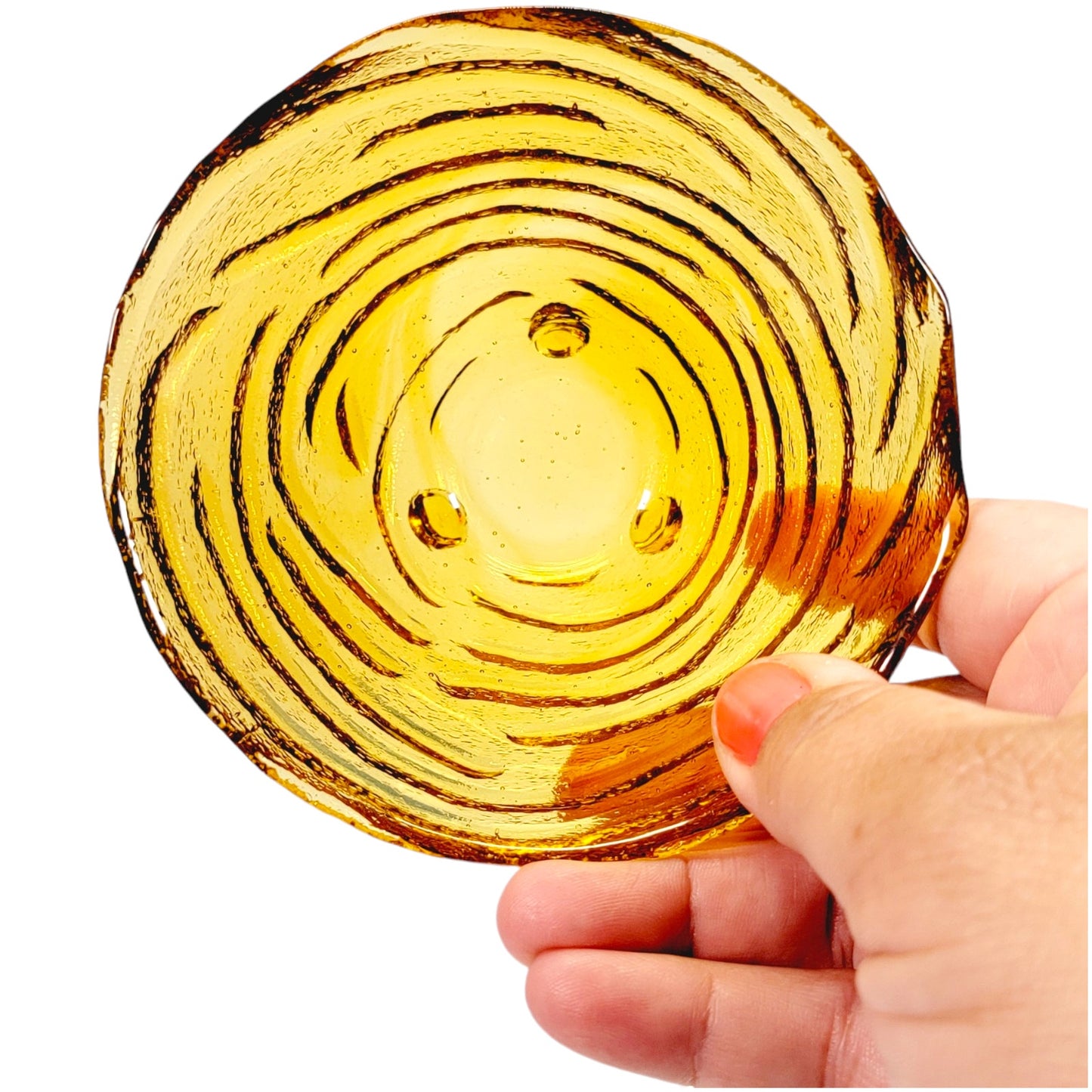 Swirled Ribbed Footed Amber Glass Bowl, Amber Glass Trinket Dish