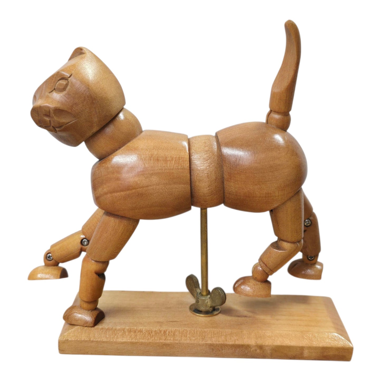 Vintage Articulated Wooden Cat Model Artist Mannequin Figurine Poseable on Stand