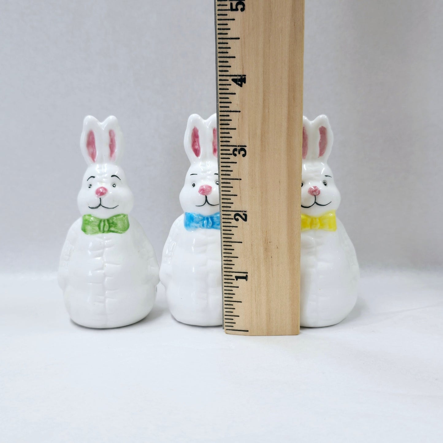 Set of 3 Vintage Ceramic Easter Bunny Figurines Hand Painted Rabbits with Bows